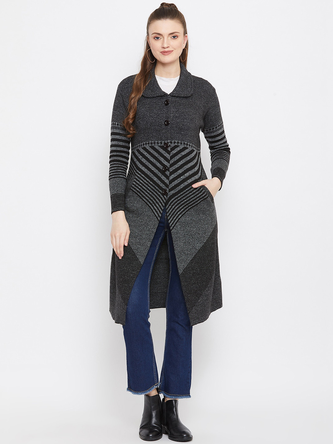 Zigo Women Charcoal Grey & Black Striped Longline Cardigan