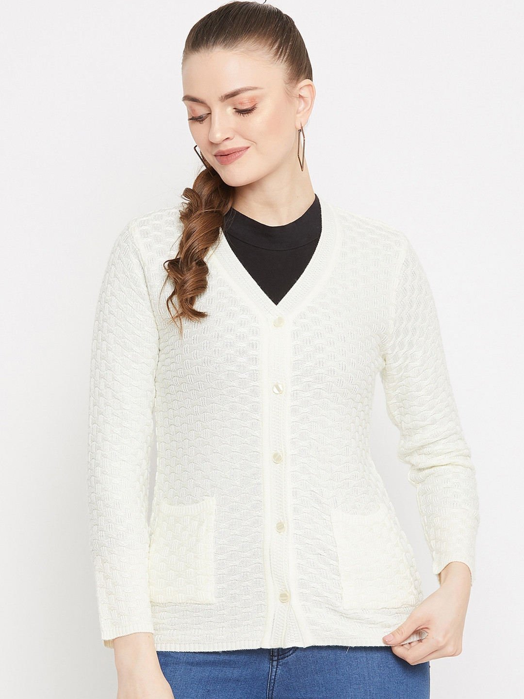 Zigo Women Cream-Colored Self Design Cardigan