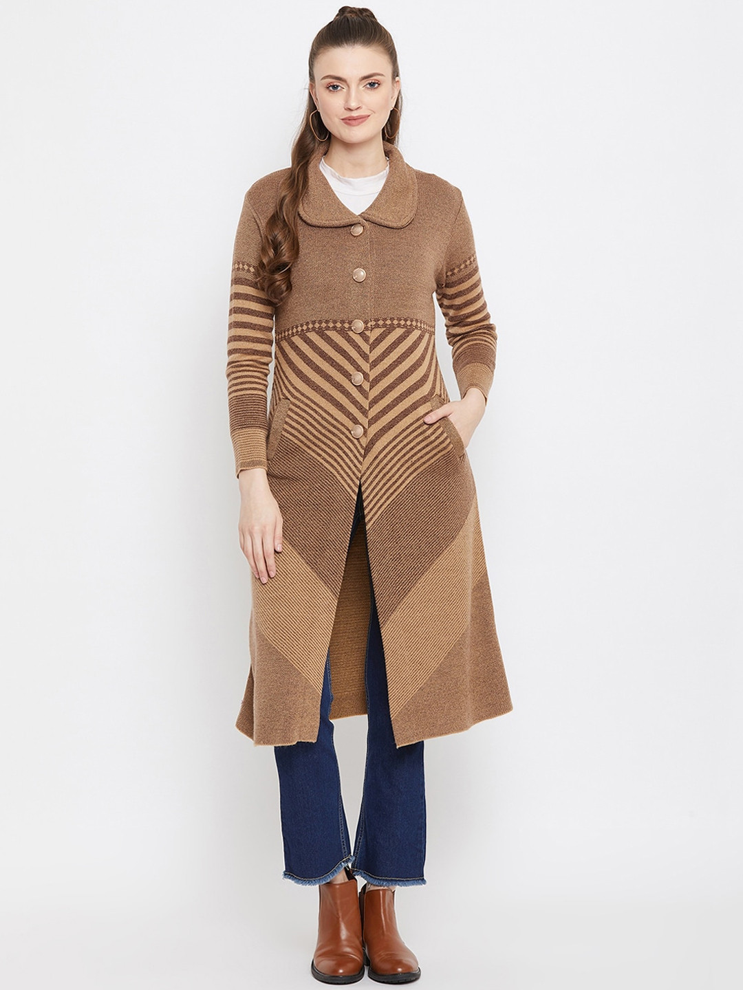 Zigo Women Brown & Beige Striped Longline Cardigan