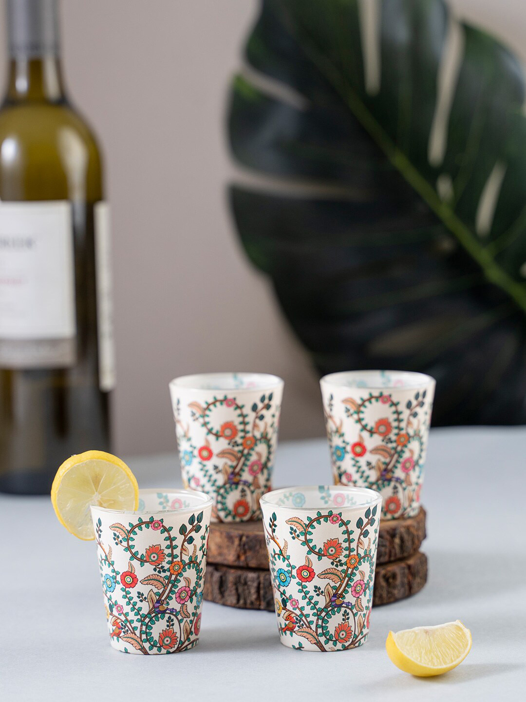 KOLOROBIA Set Of 4 White & Green Madhubani Art Shot Glasses