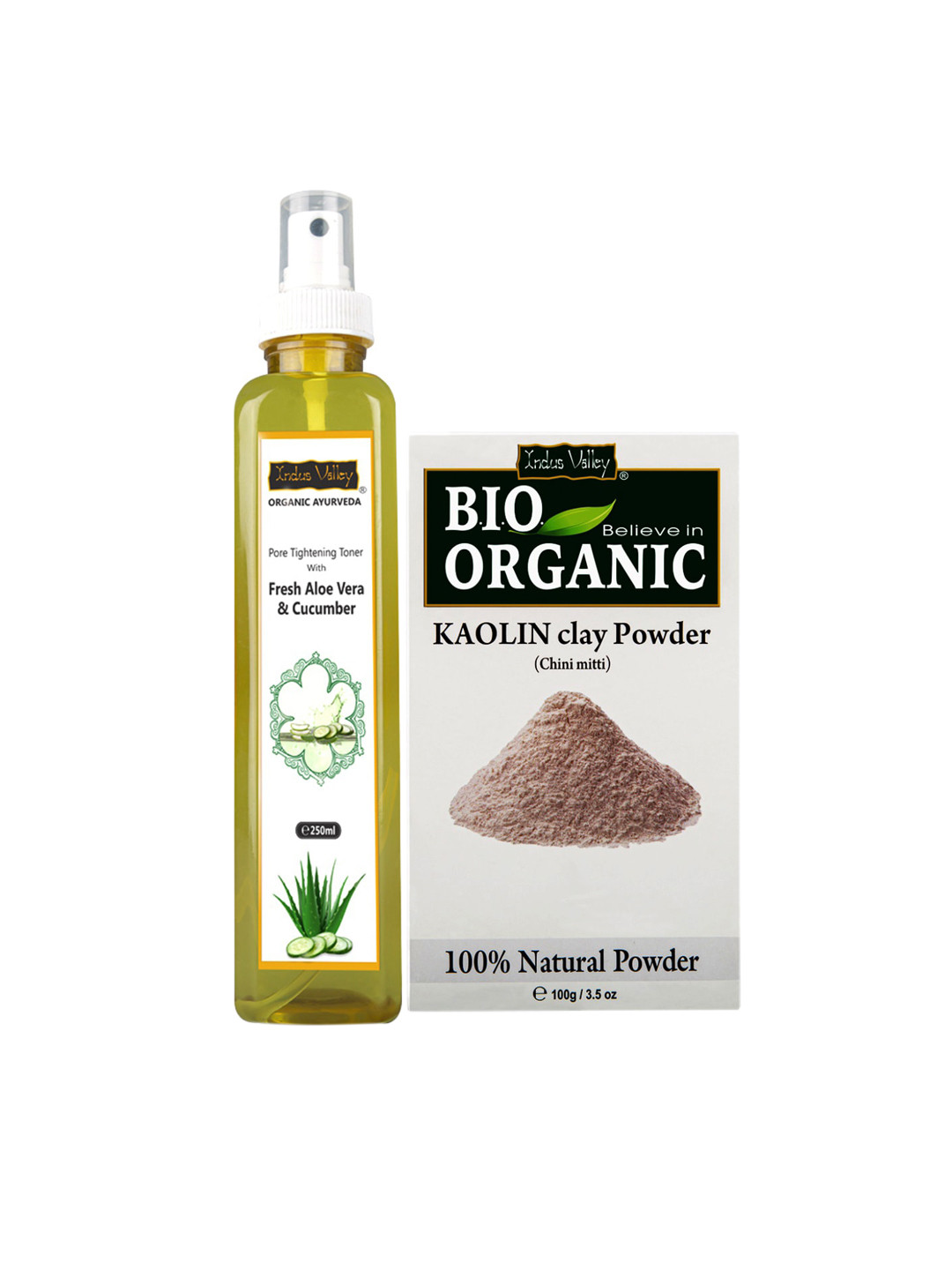 BIO Organic Kaolin Face Pack Powder and Ayurveda Fresh Aloe Vera & Cucumber Water