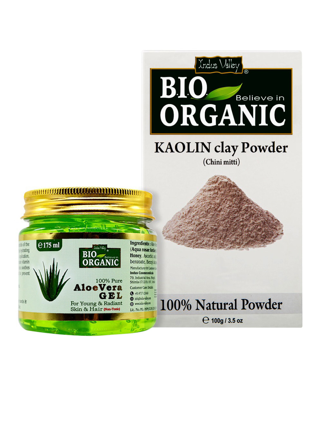 Indus Valley BIO Organic Skin Care Kaolin Face Pack Powder and Aloevera Gel Combo