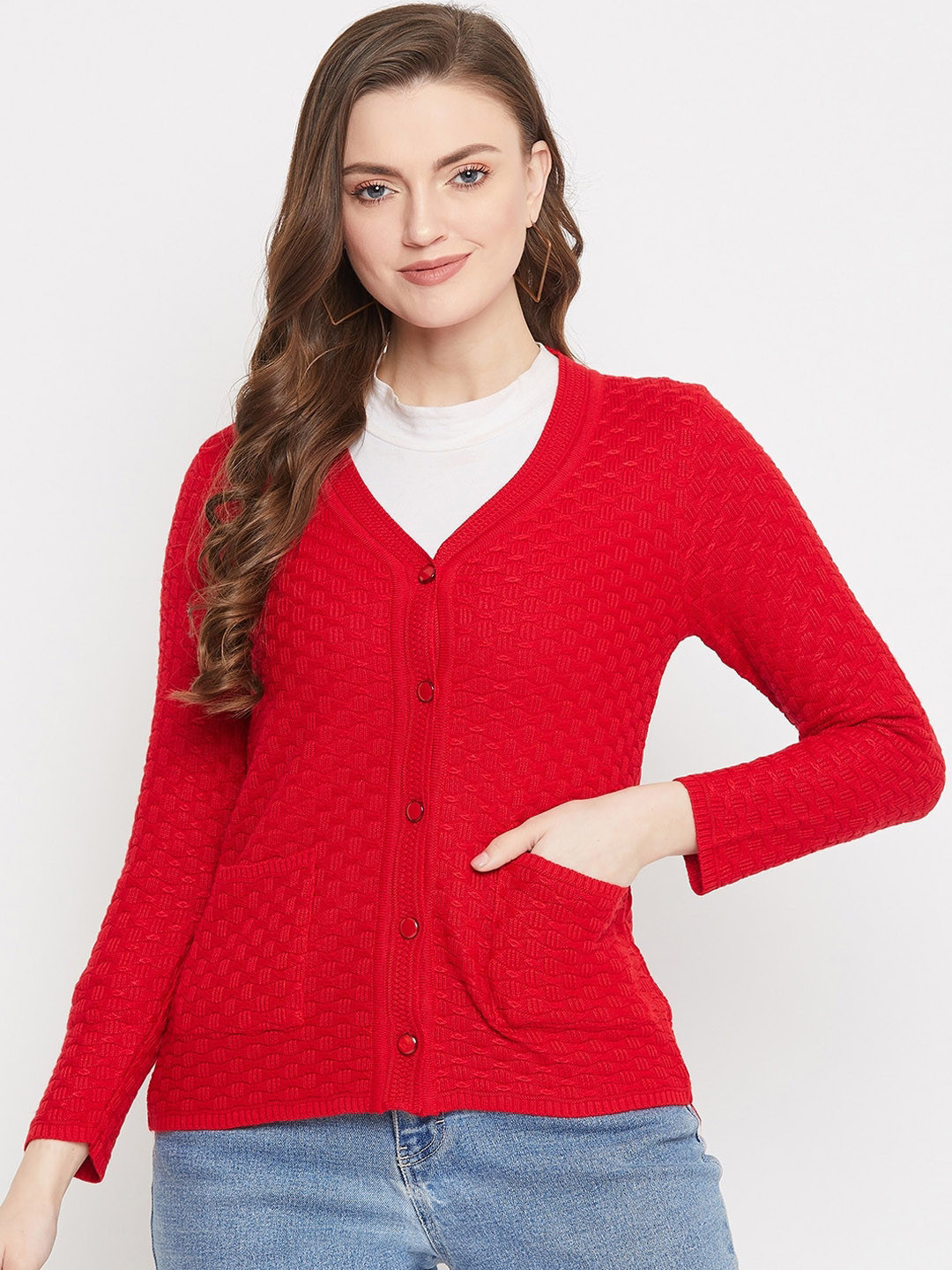 Zigo Women Red Self Design Knitted Cardigan