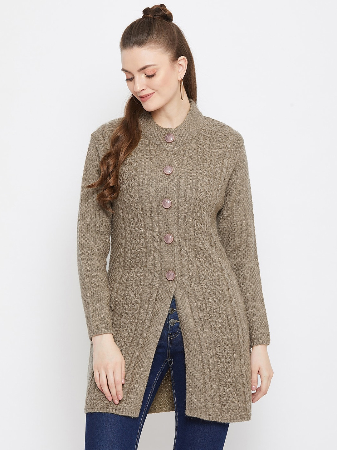 Zigo Women Olive Green Self Design Longline Knitted Cardigan