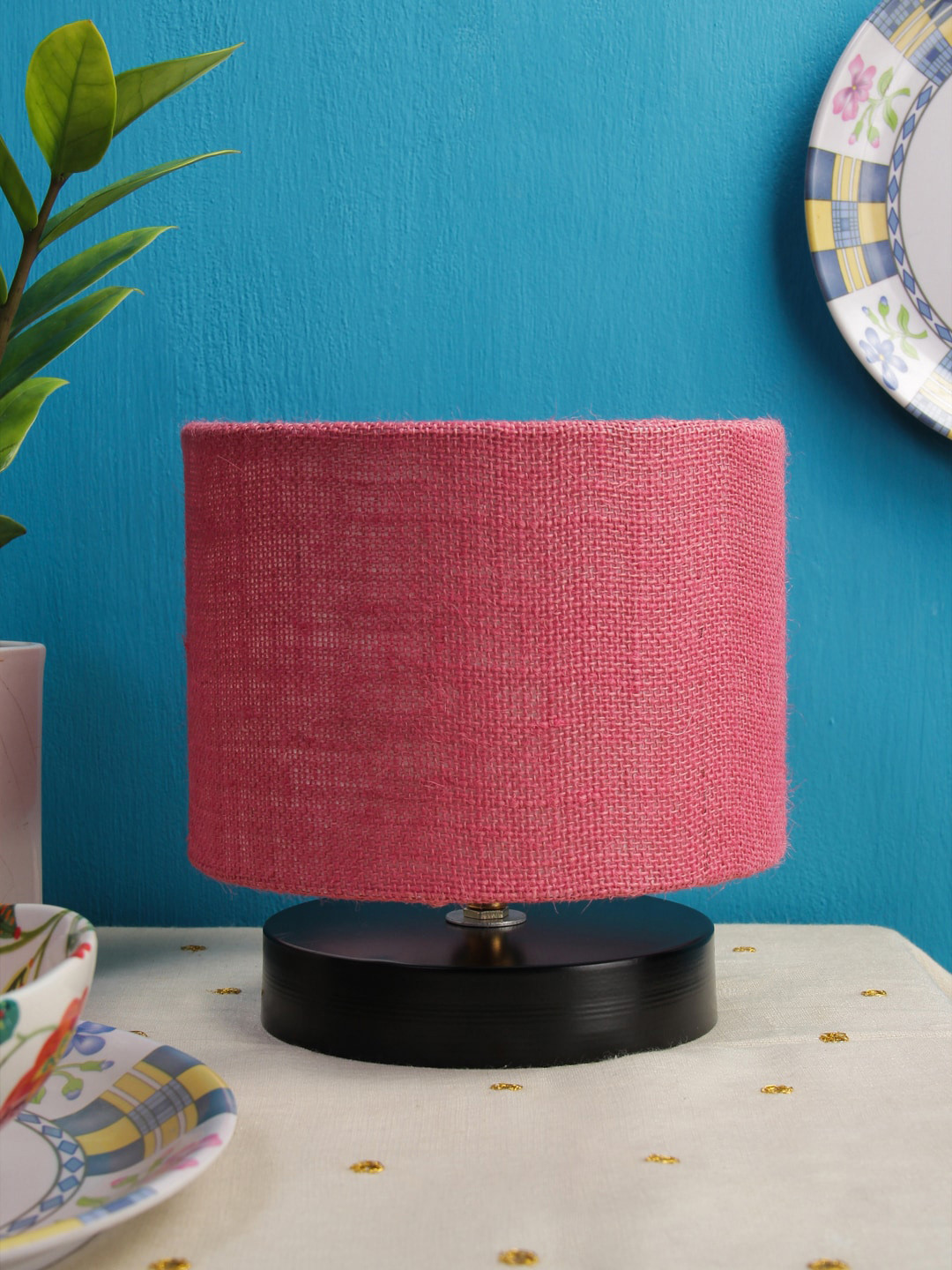 Devansh Pink Solid Solid Cylinder Table Lamp With Jute Shade