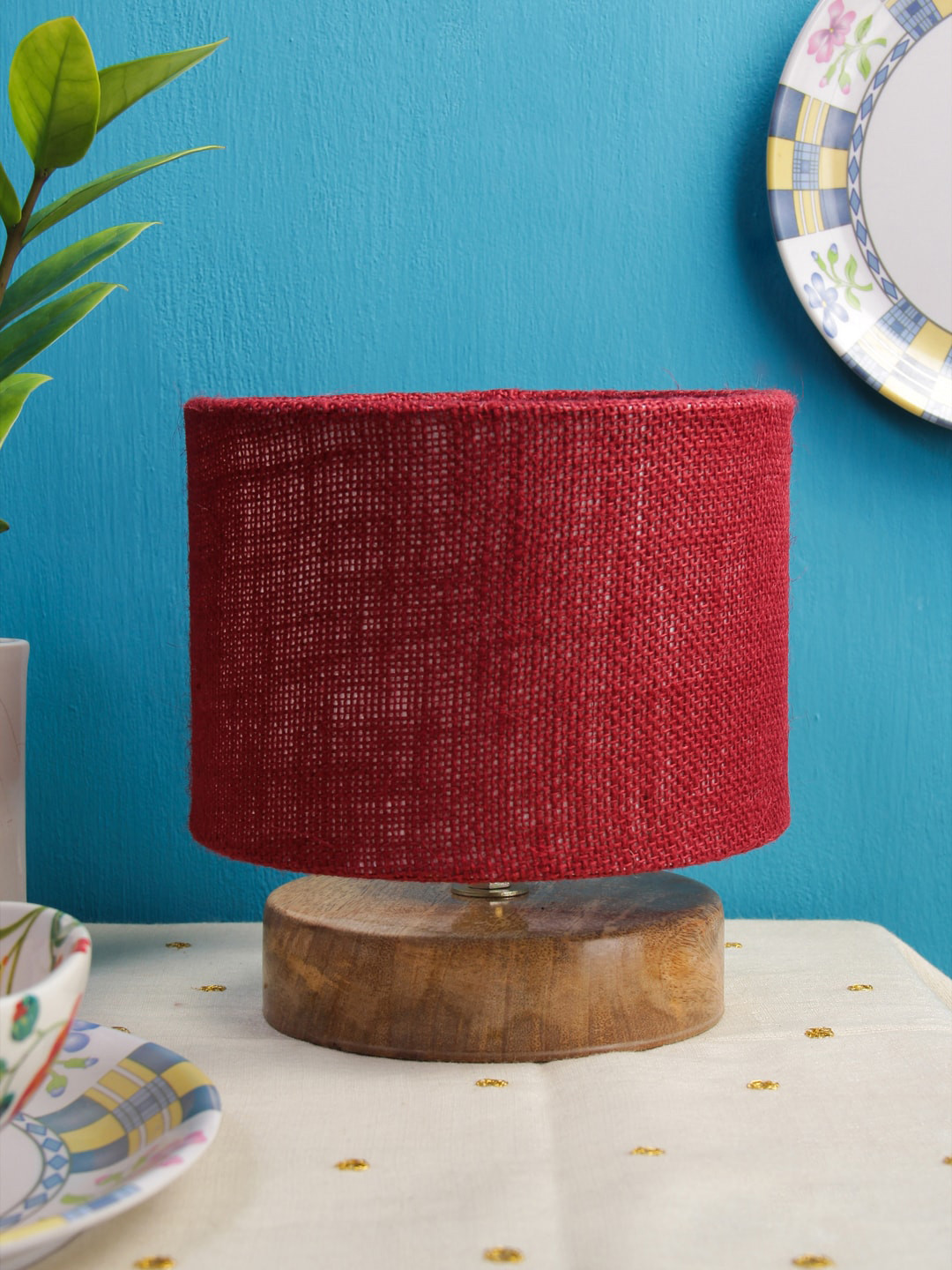 Devansh Maroon Solid Jute Shade Bedside Standard Lamp With Wood Base