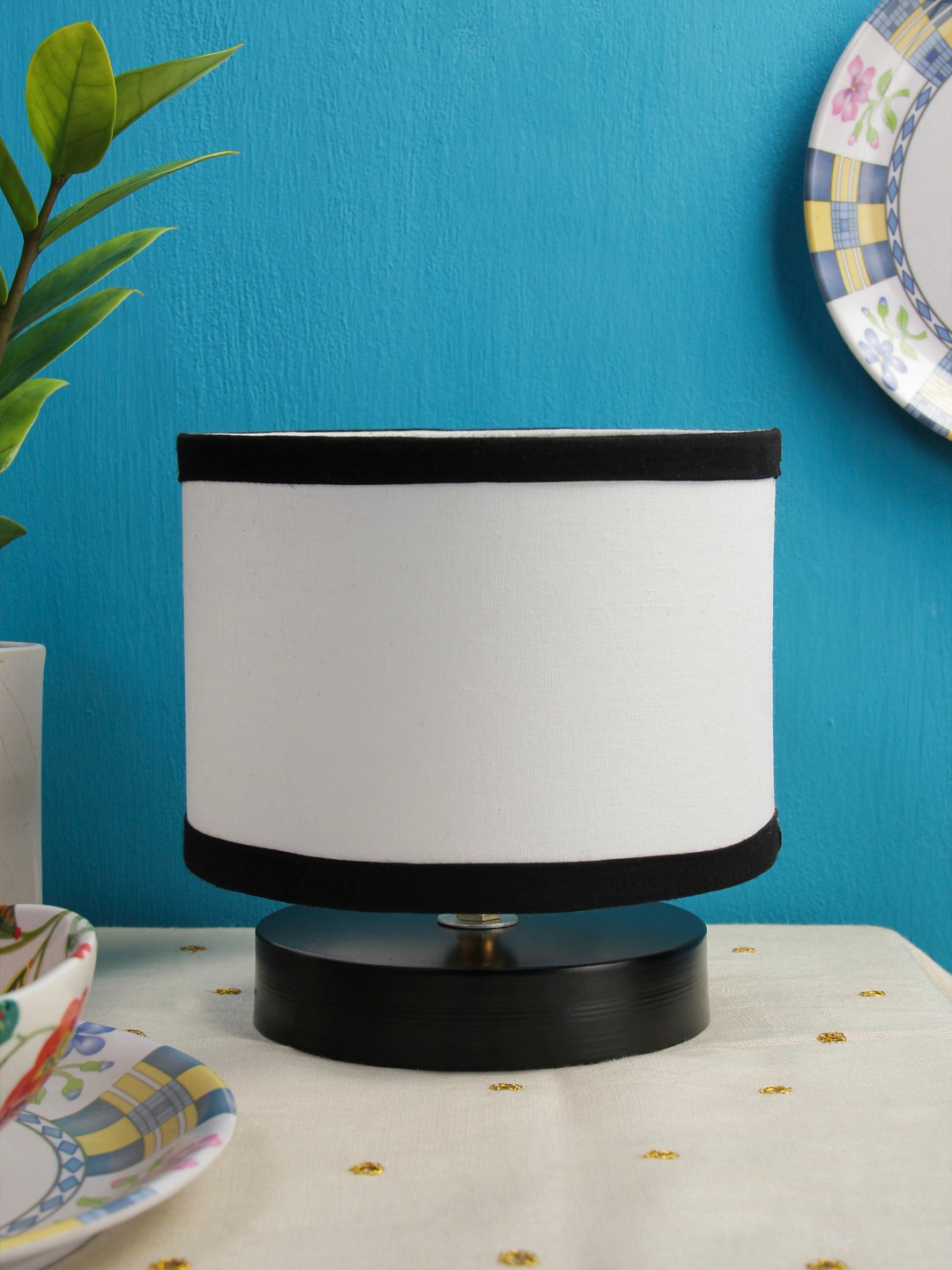 Devansh White & Black Drum Designer Shade Table Lamp with Base