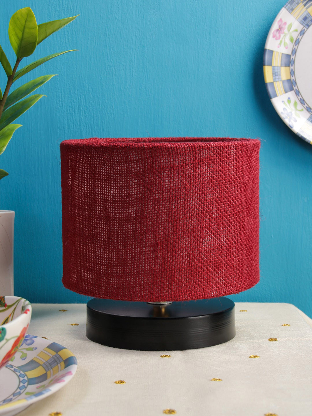 Devansh Maroon & Black Solid Cylinder Table Lamp