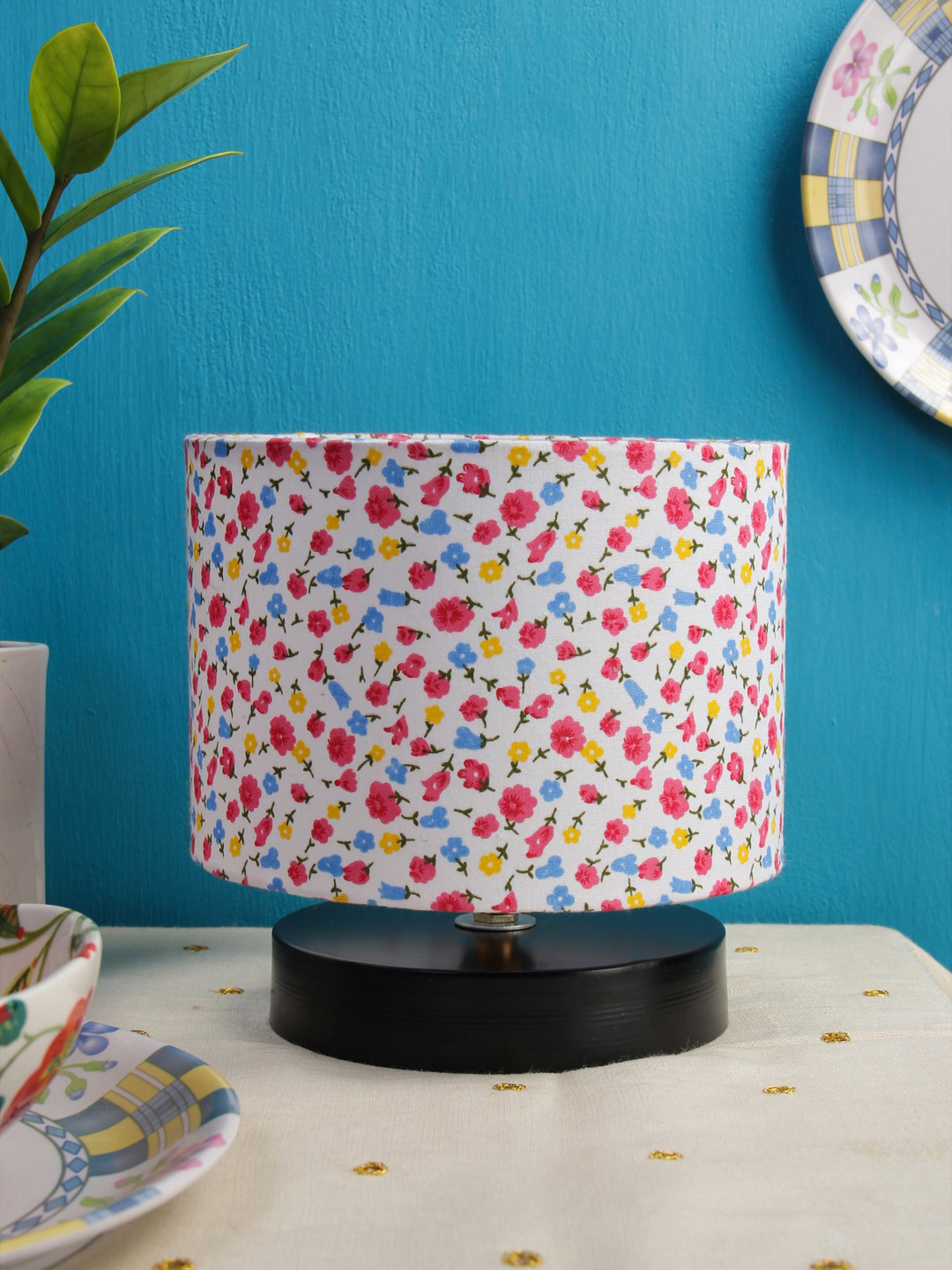 Devansh White & Pink Printed Cotton Shade Column Table Lamp