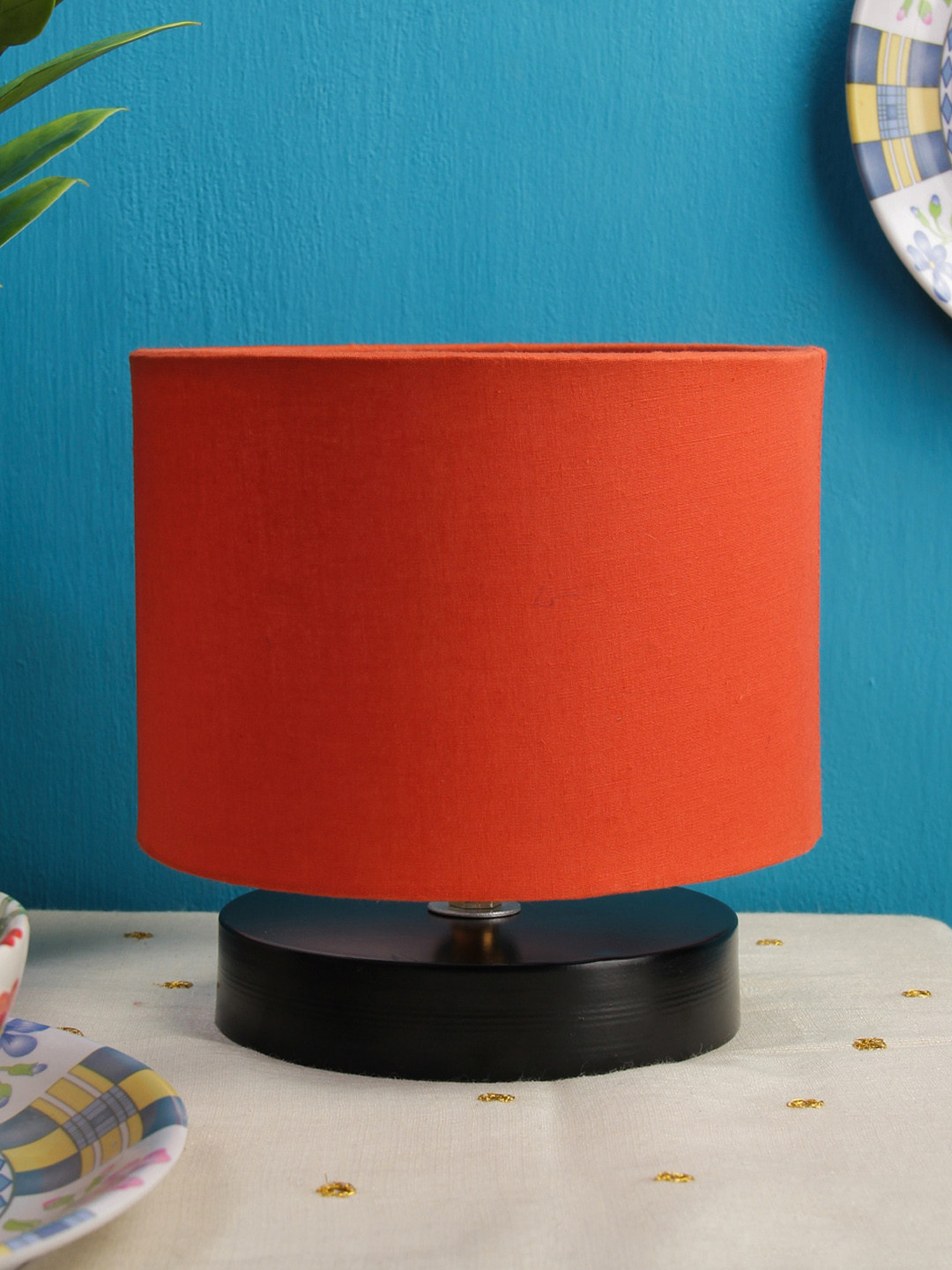 Devansh Orange Solid Drum Designer Table Lamp with Base