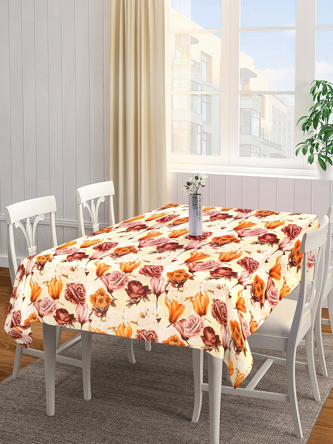 KLOTTHE Beige & Orange Floral Print Square Table Cover