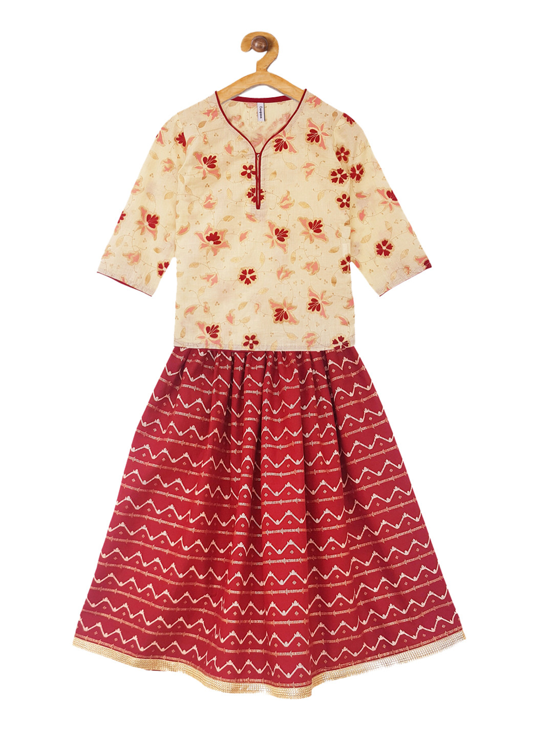 Campana Girls Maroon & Beige Printed Ready to Wear Lehenga with Blouse