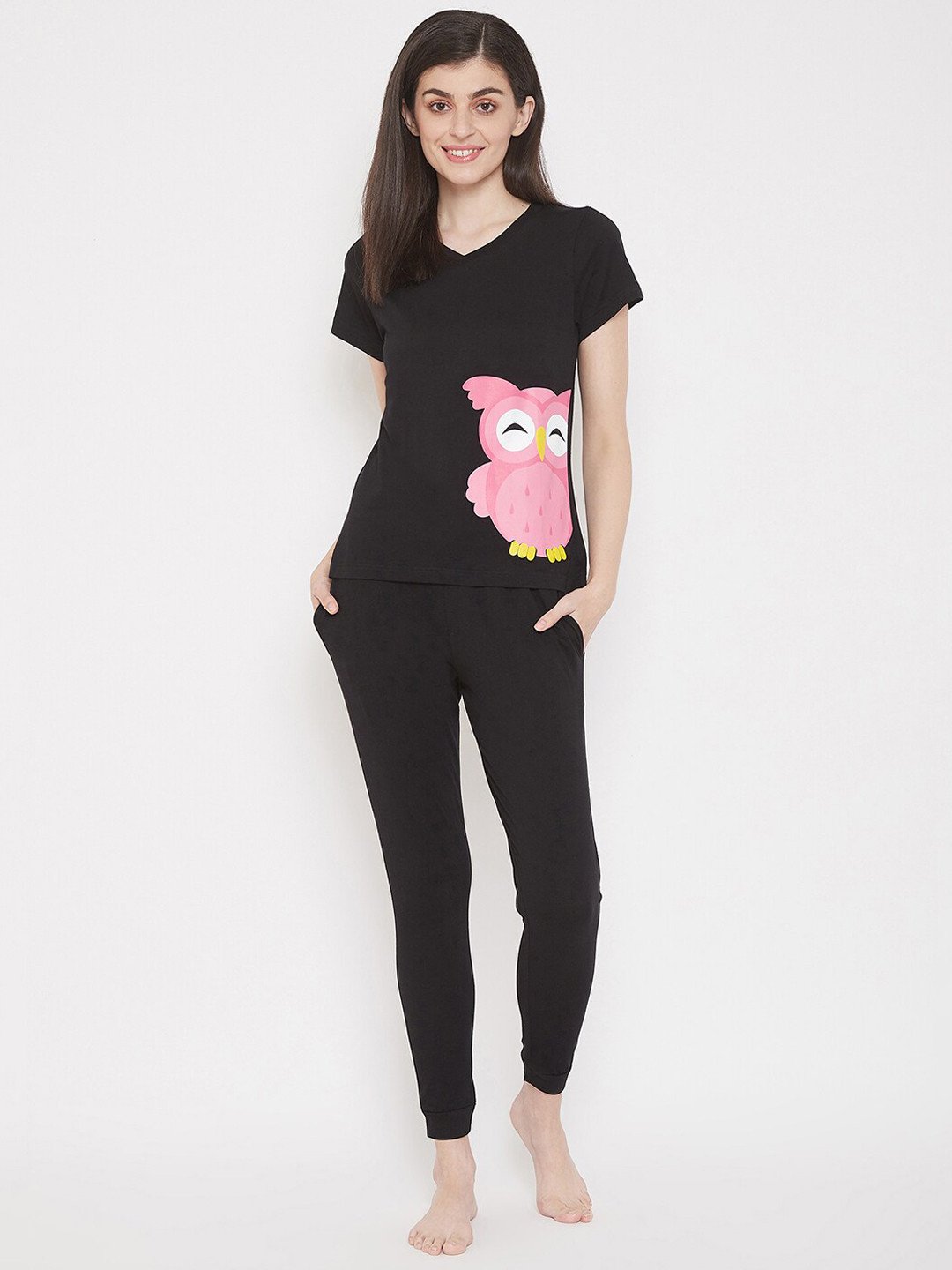 Clovia Women Black & Pink Printed Night Suit