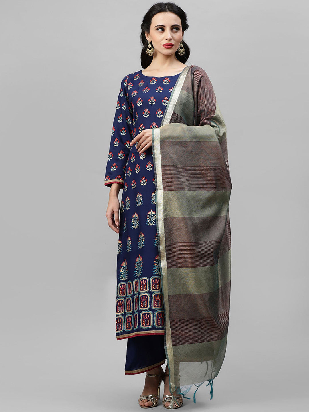 Indo Era Women Navy Blue & Grey Printed Kurta with Patiala & Dupatta