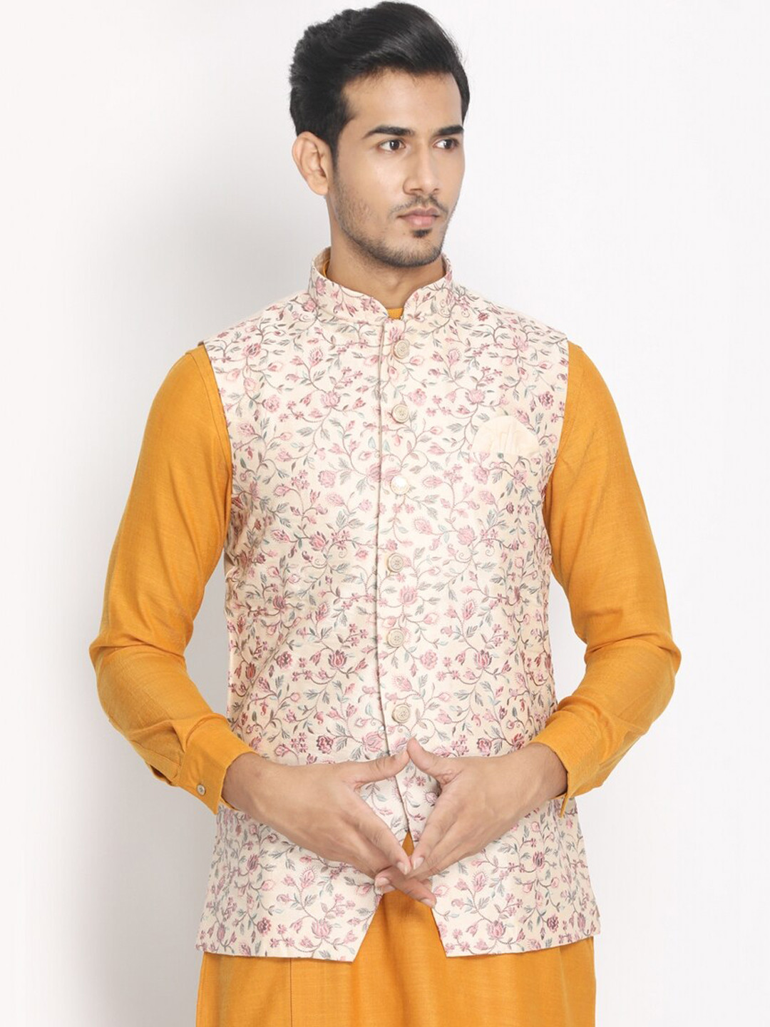 Manyavar Men Pink & Red Floral Printed Woven Nehru Jacket