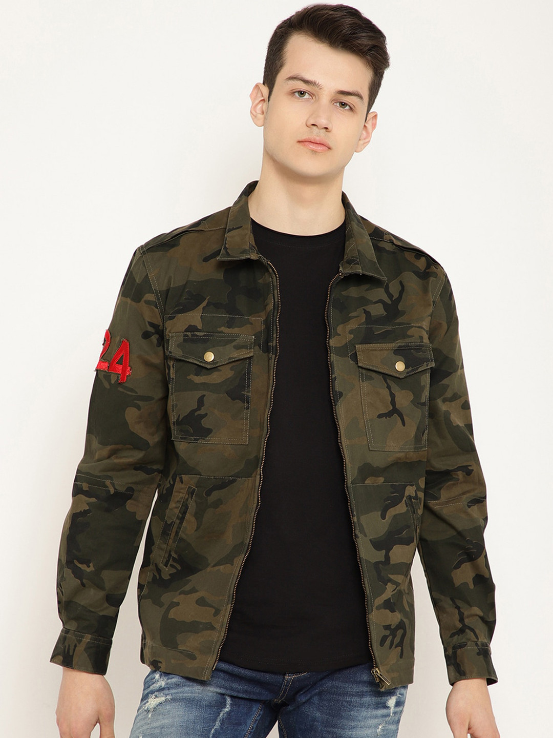 PUNK Men Brown Camouflage Printed Lightweight Denim Jacket