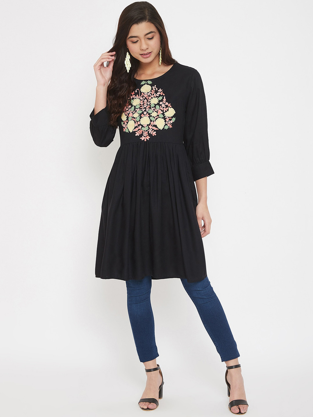 Ruhaans Women Black & Pink Embroidered Tunic