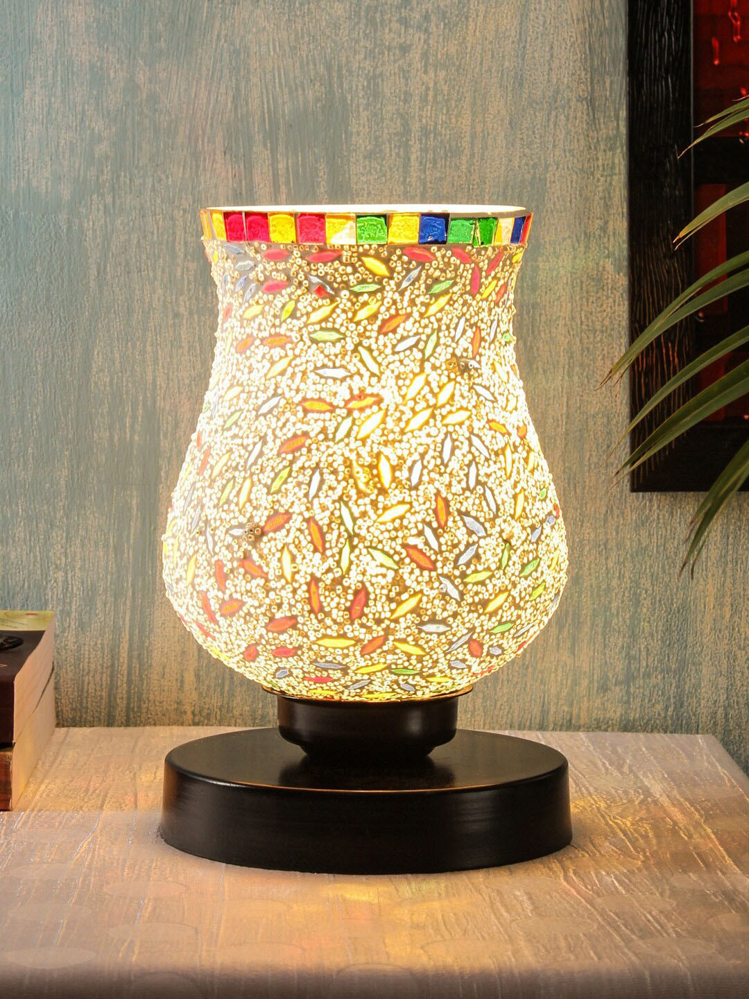 Devansh Black & Red Textured Mosaic Glass Table Lamp