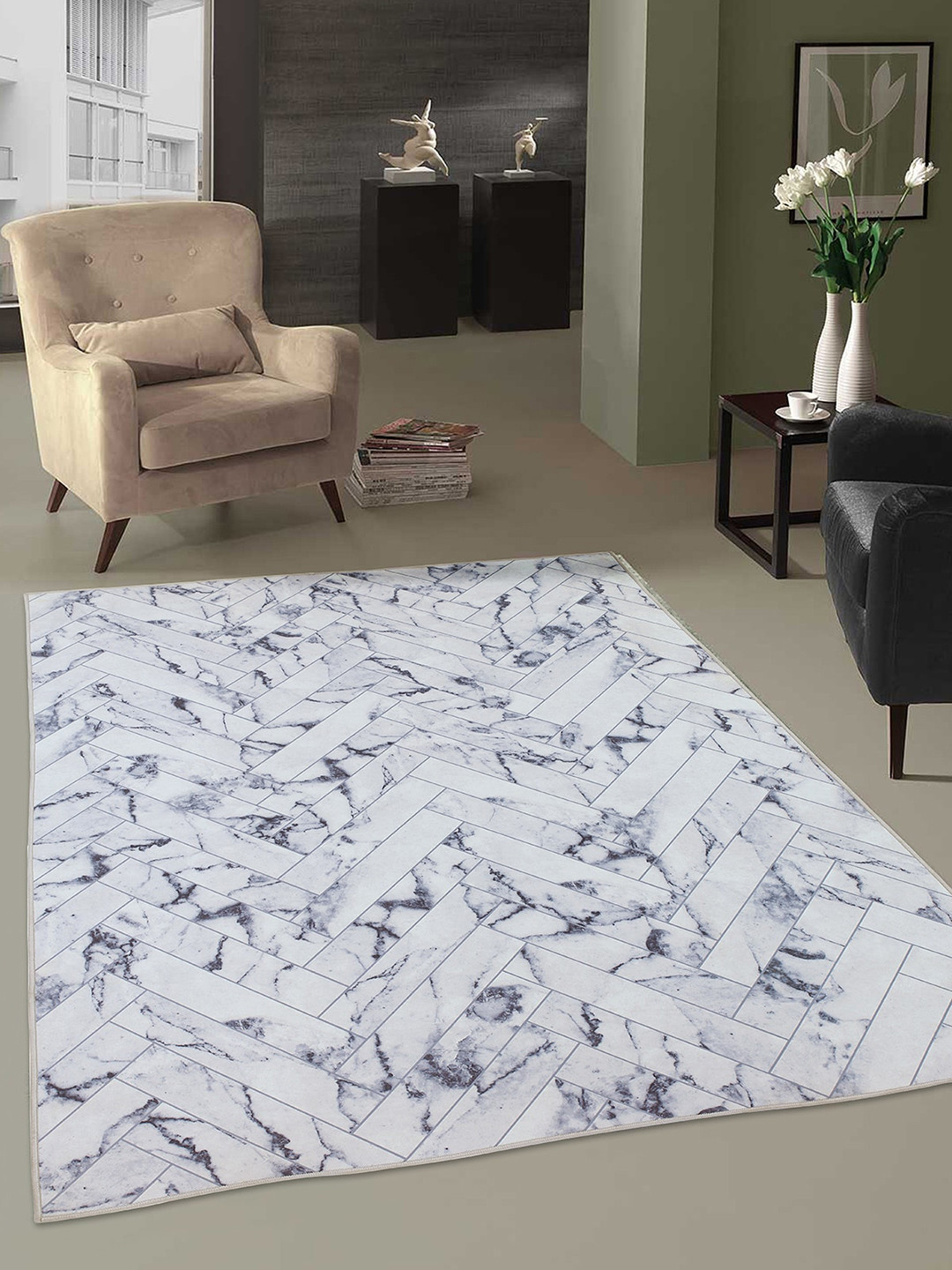 OBSESSIONS White & Blue Geometric Anti-Skid Vintage Carpet