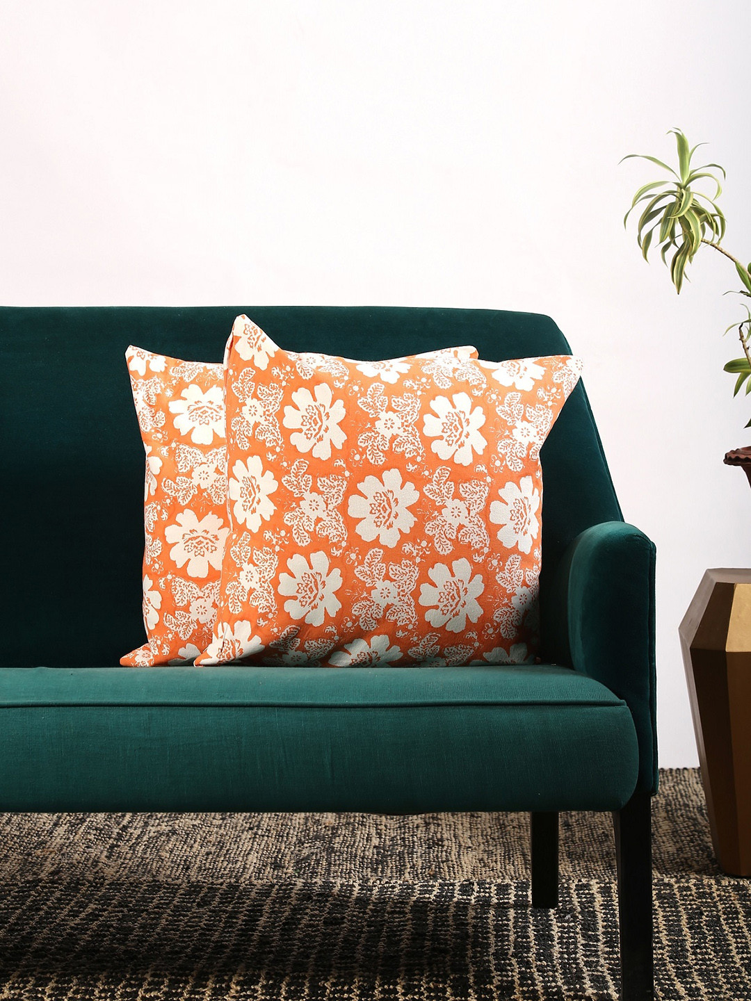Contrast Living Set Of 2 White & Orange Floral Print Square Cushion Cover