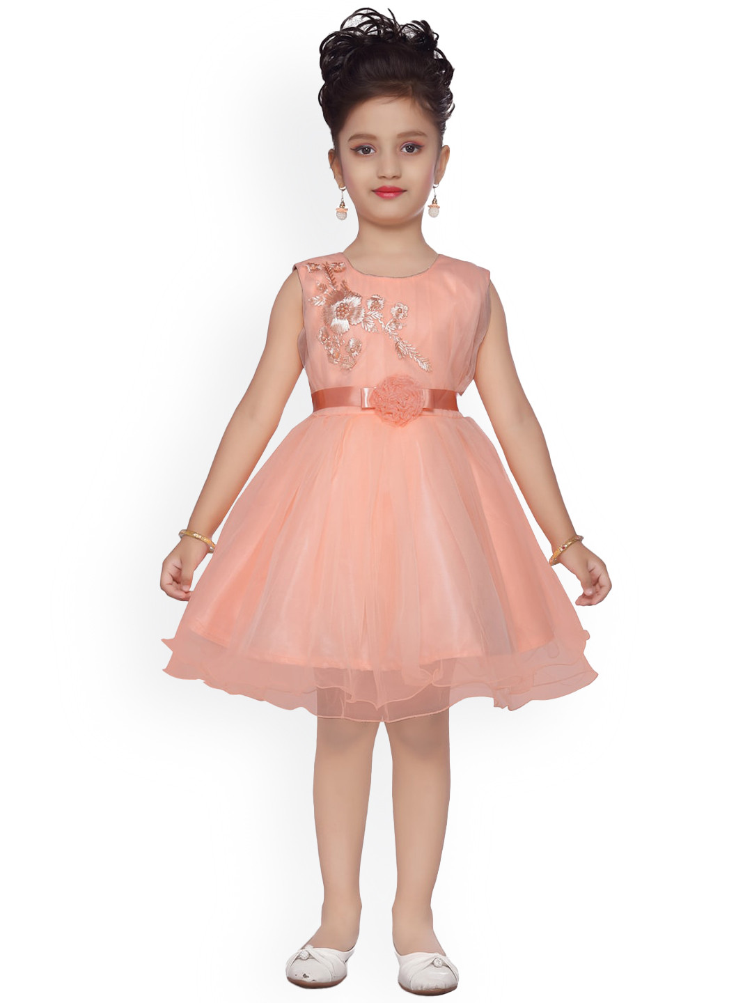 Aarika Girls Peach-Coloured Embroidered Fit and Flare Dress