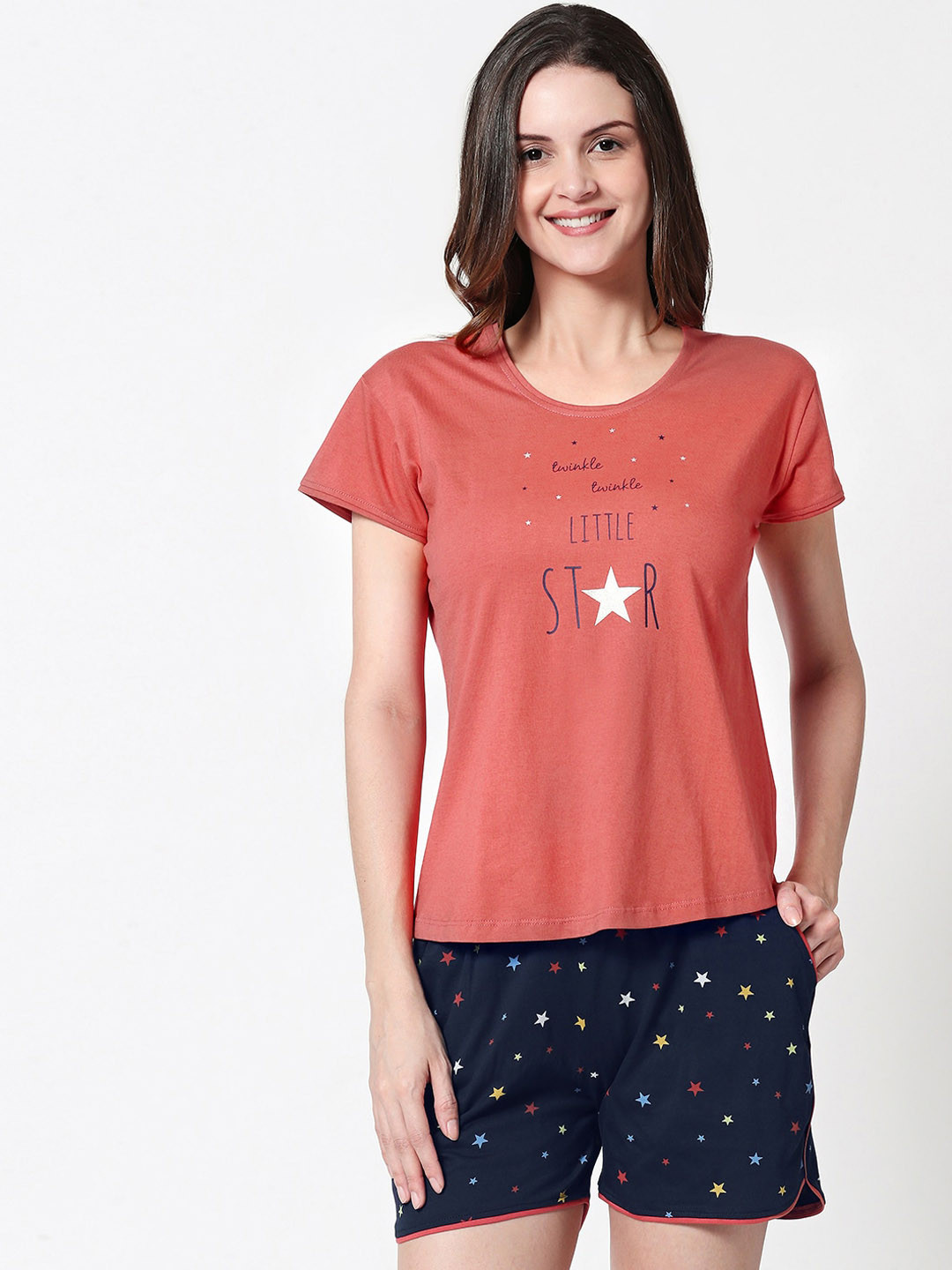 Zeyo Women Peach-Colour & Navy Blue Printed Night Suit