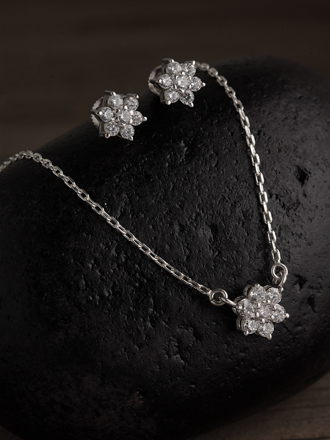 Clara 92.5 Sterling Silver Rhodium-Plated White CZ-Studded Flower Shaped Jewellery Set