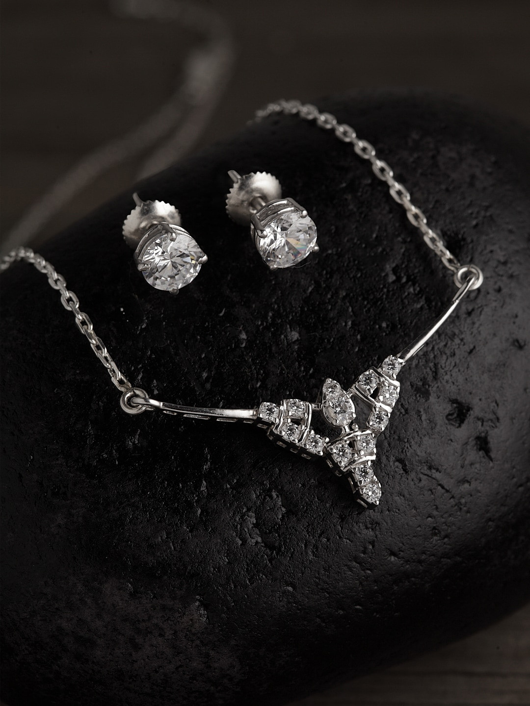 Clara 92.5 Sterling Silver Rhodium-Plated Silver-Toned & White CZ-Studded Jewellery Set