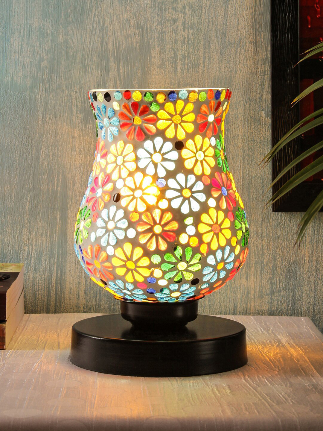 Devansh White & Blue Textured Traditional Mosaic Iron Lamp Base with Glass Shade