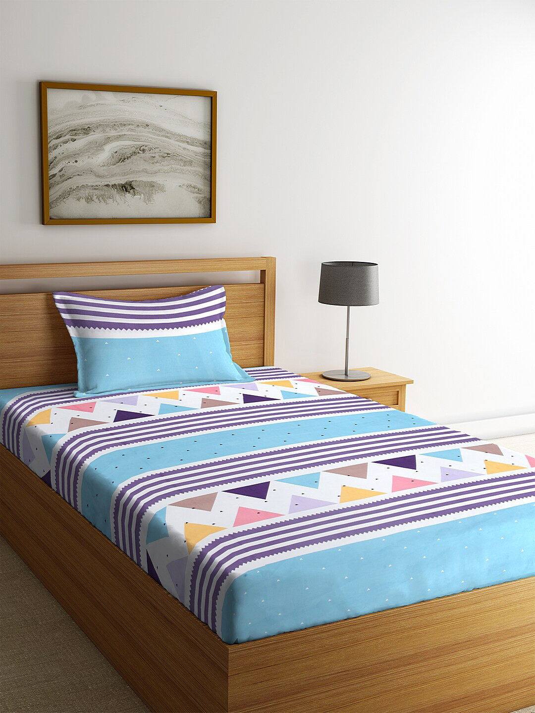 KLOTTHE Blue Striped Cotton 210 TC Single Fine Bedsheet with a Pillow Cover-85 x 59 inches