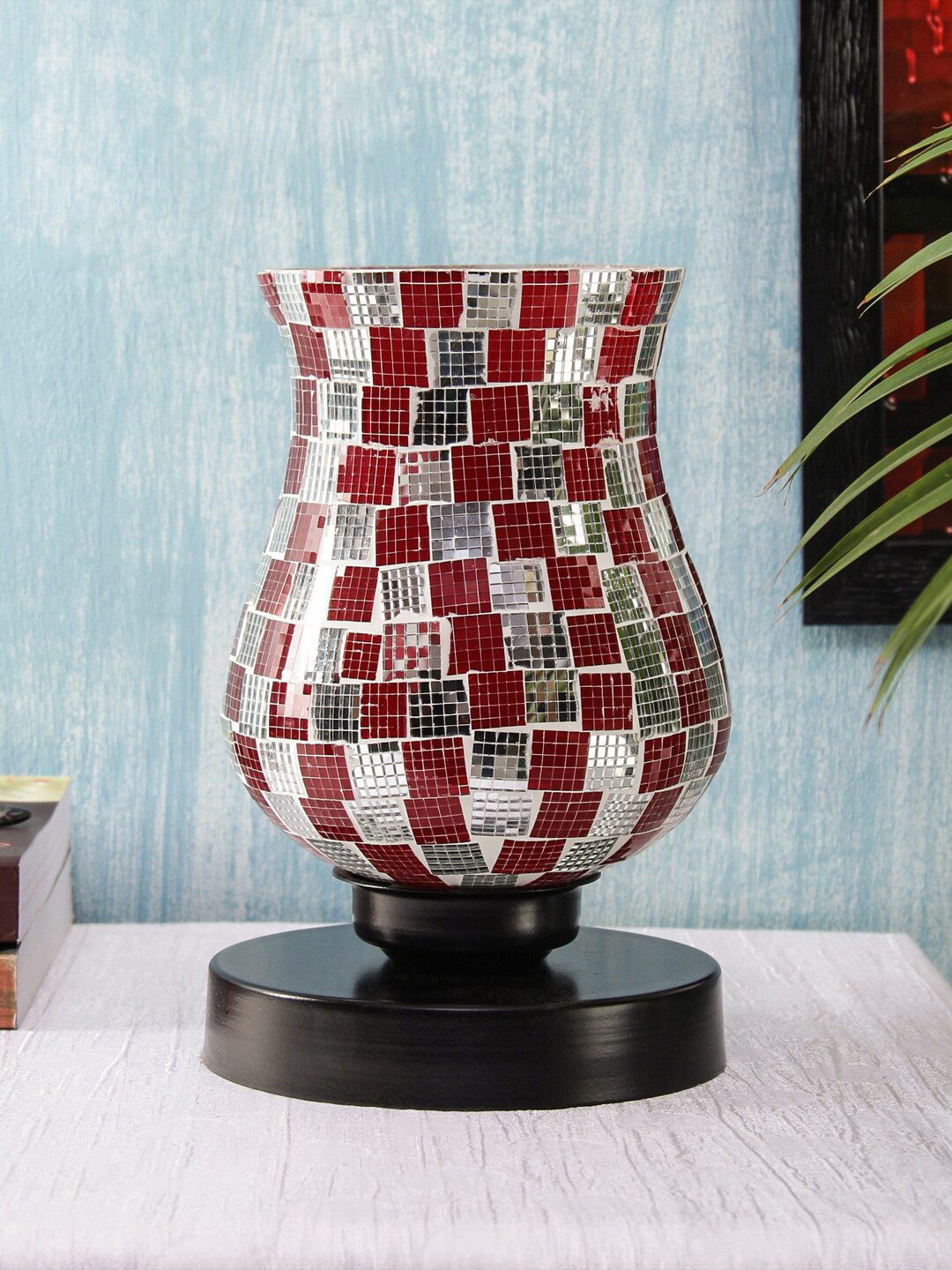 Devansh Maroon & Gold-Toned Textured Traditional Mosaic Iron Lamp Base with Glass Shade