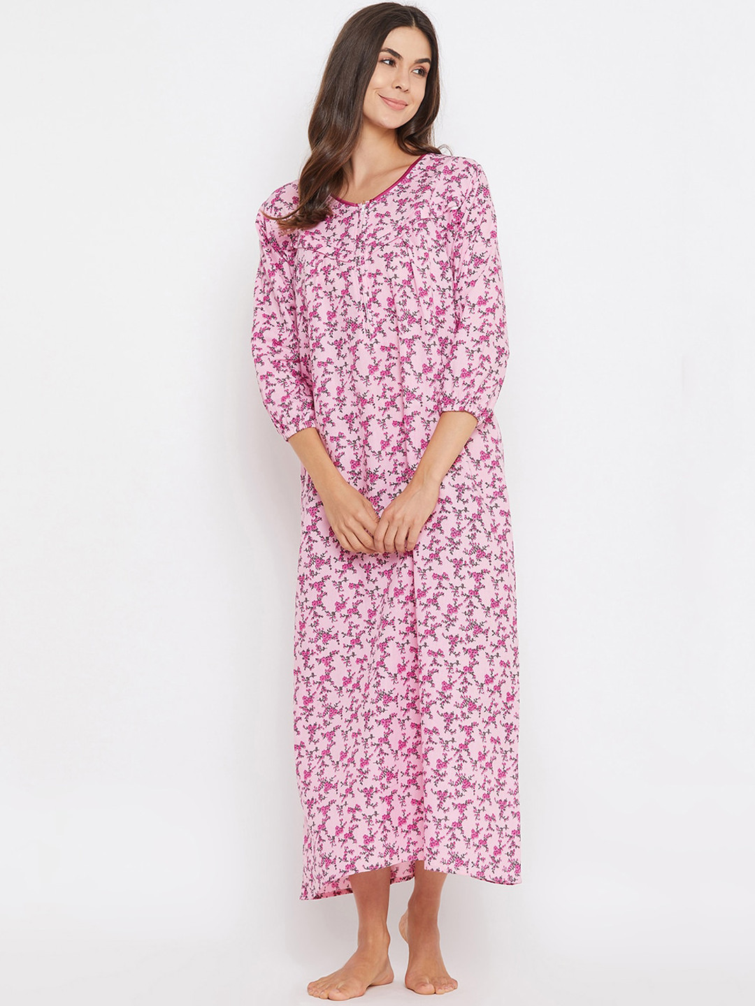 Clovia Women Pink Printed Long Maternity Feeding Nighty