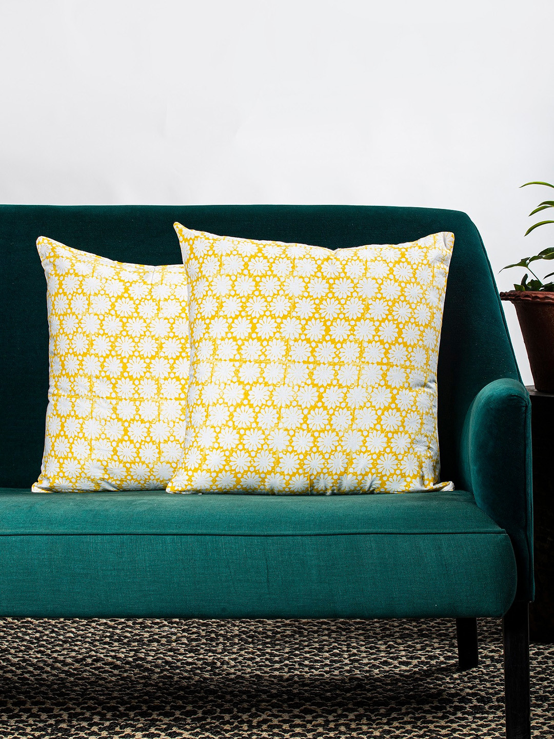 Contrast Living Set Of 2 White & Yellow Floral Print Square Cushion Cover