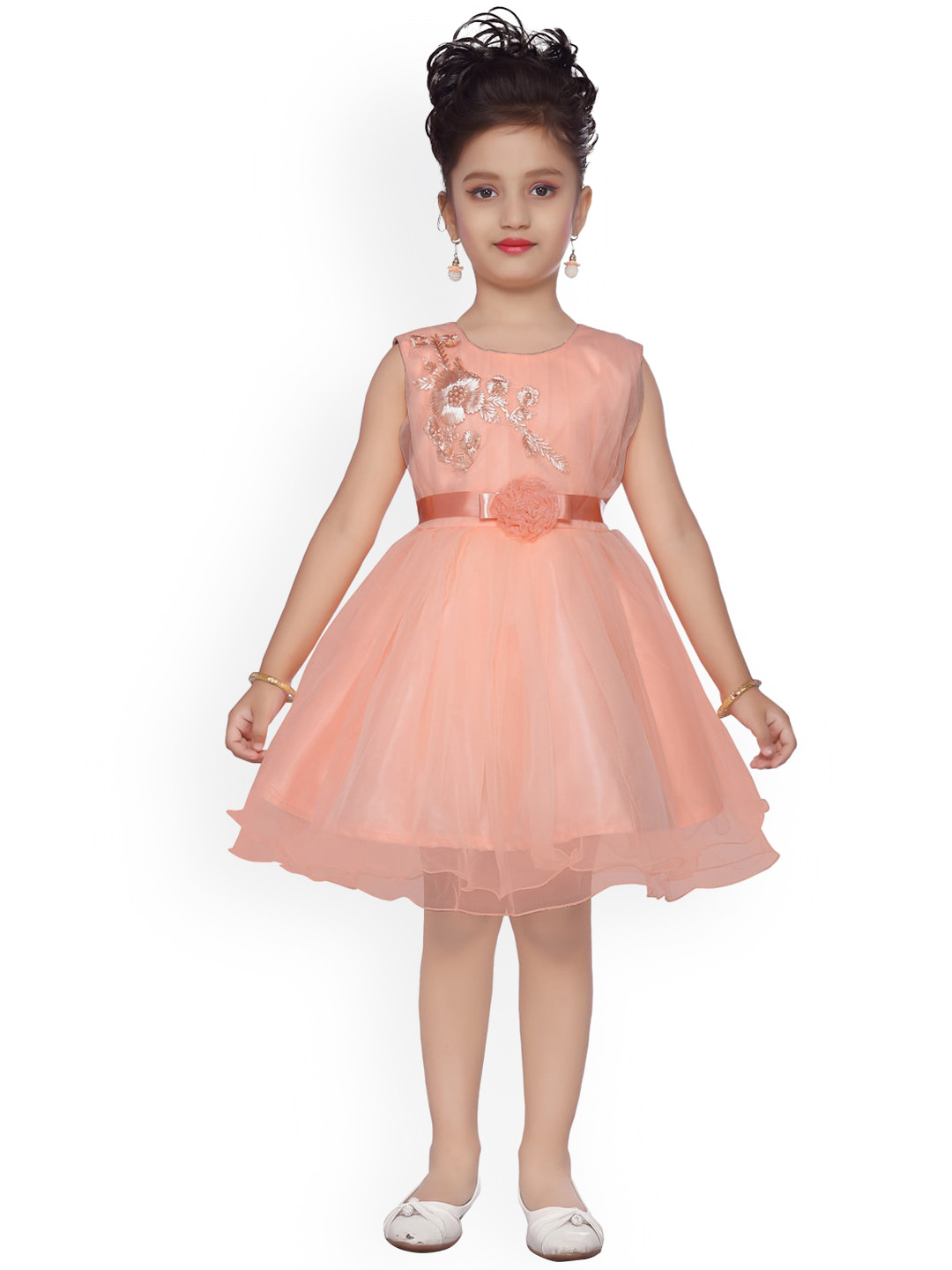 Aarika Girls Peach-Coloured Self Design Fit and Flare Dress