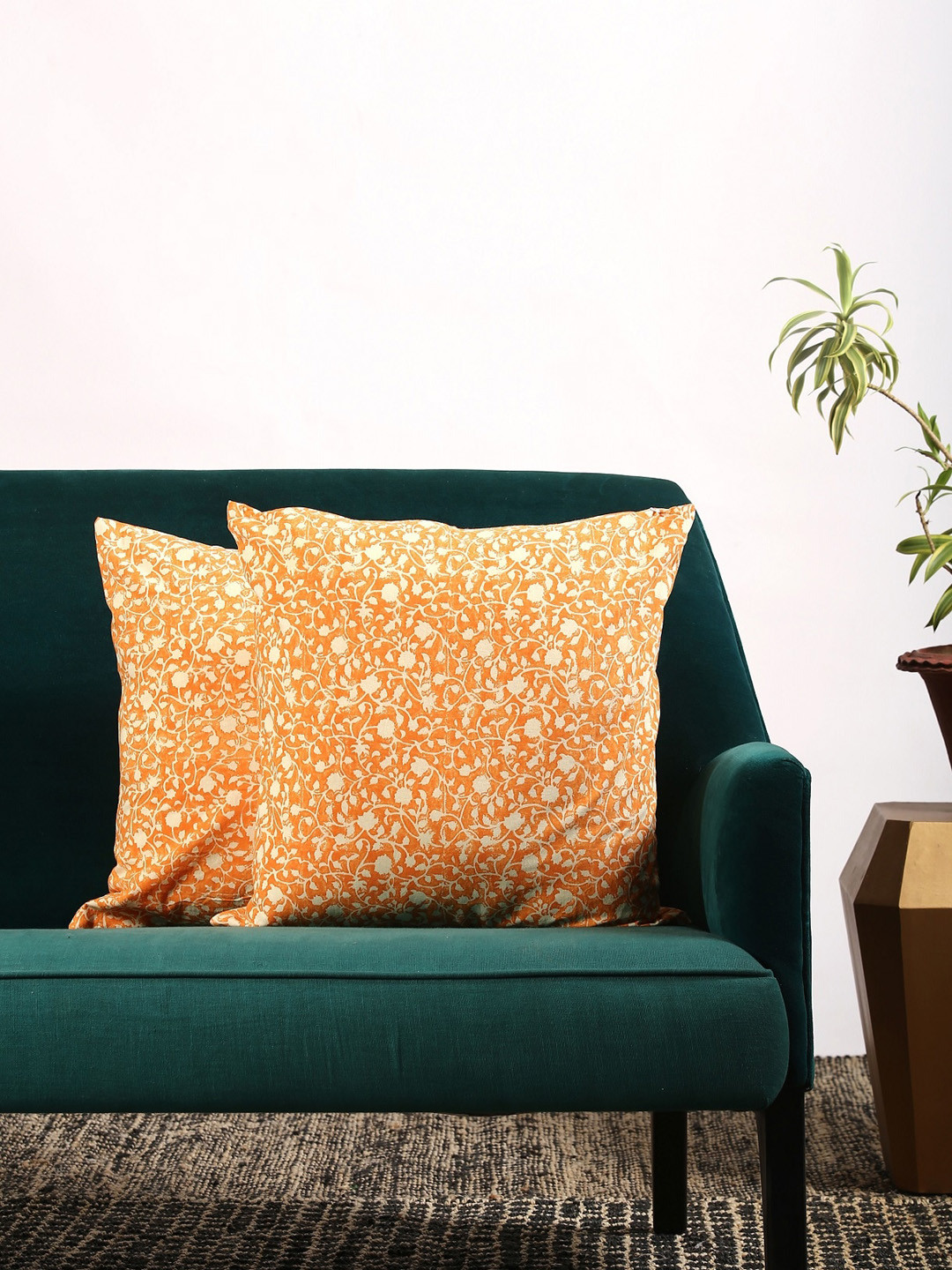 Contrast Living Set Of 2 Orange & White Printed Square Cushion Covers