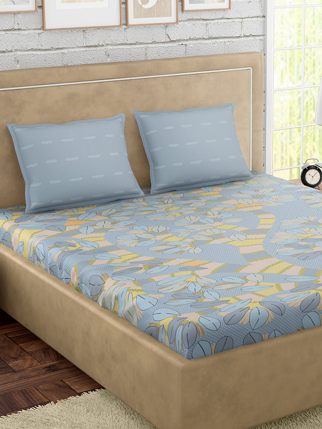 PETAL HOME Gondi Tree Blue Leaf Pure Cotton Breathable 300 TC King Superfine Bedsheet with 2 Pillow Covers-108 x 108 inches