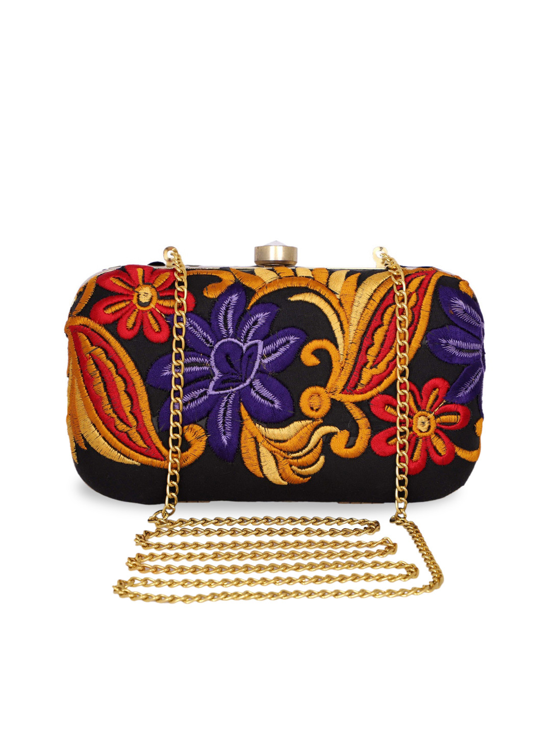 REZZY Women Black & Purple Embroidered Box Clutch