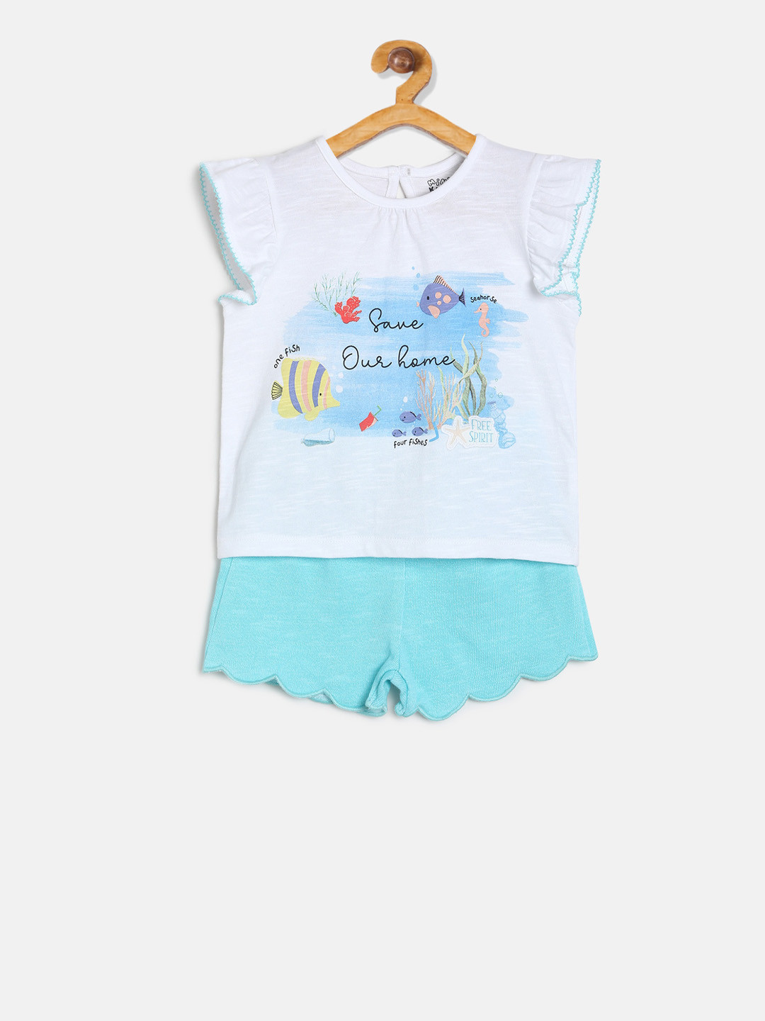 MINI KLUB Girls White & Blue Printed Top with Solid Shorts