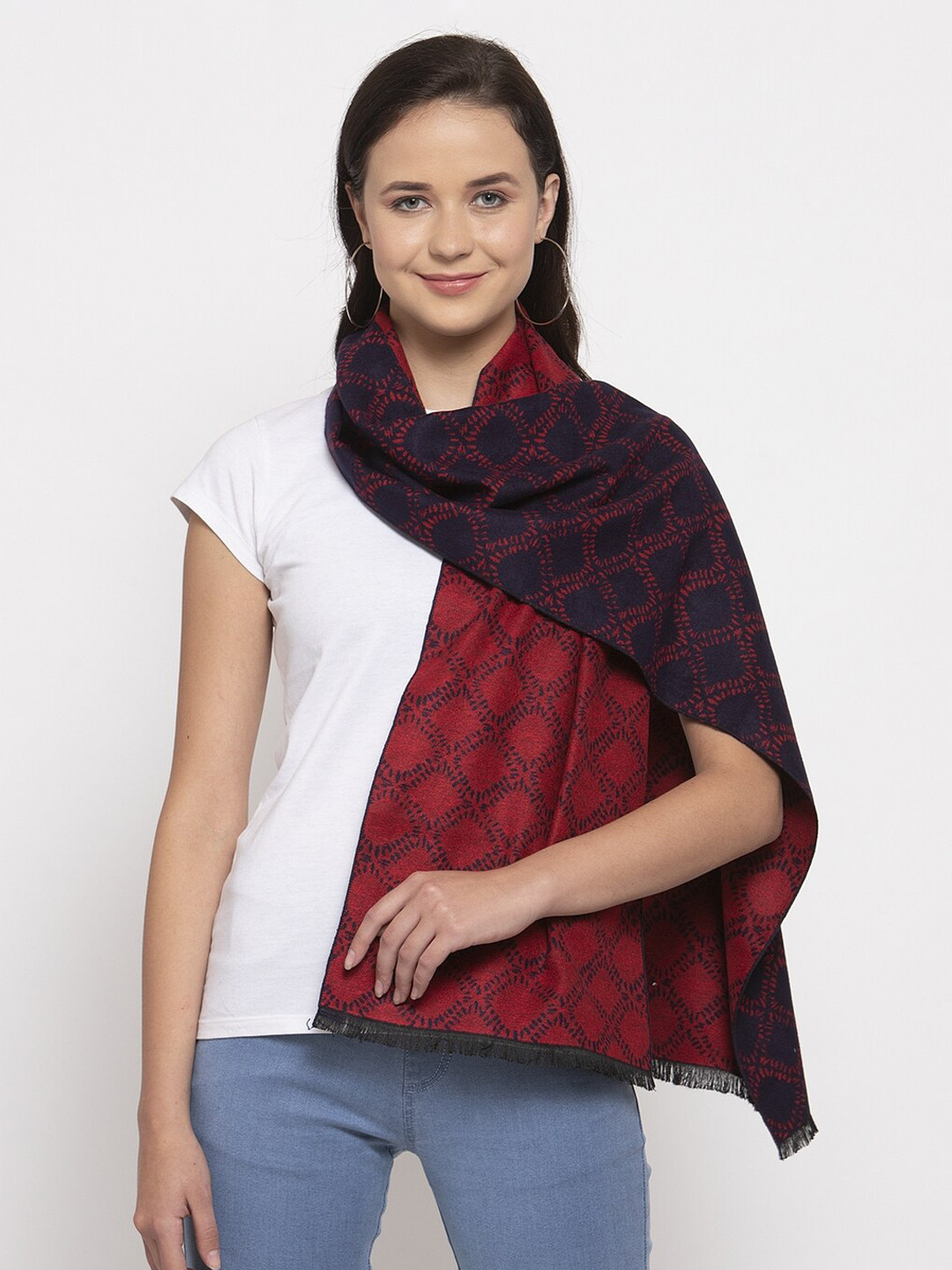 Calvadoss Women Navy Blue & Red Woven-Design Stole