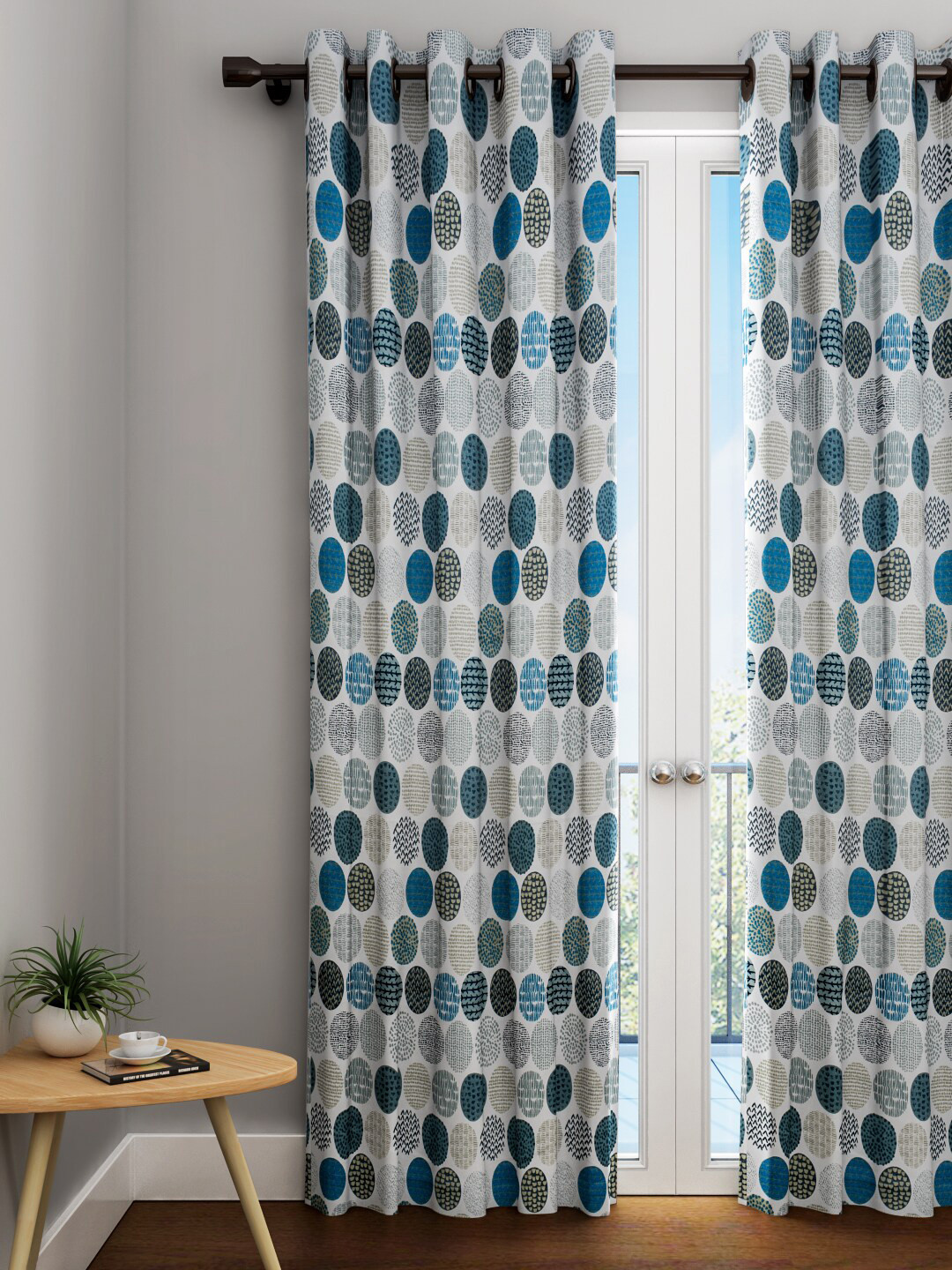 URBAN DREAM White & Blue Geometric Print Single Long Door Curtain