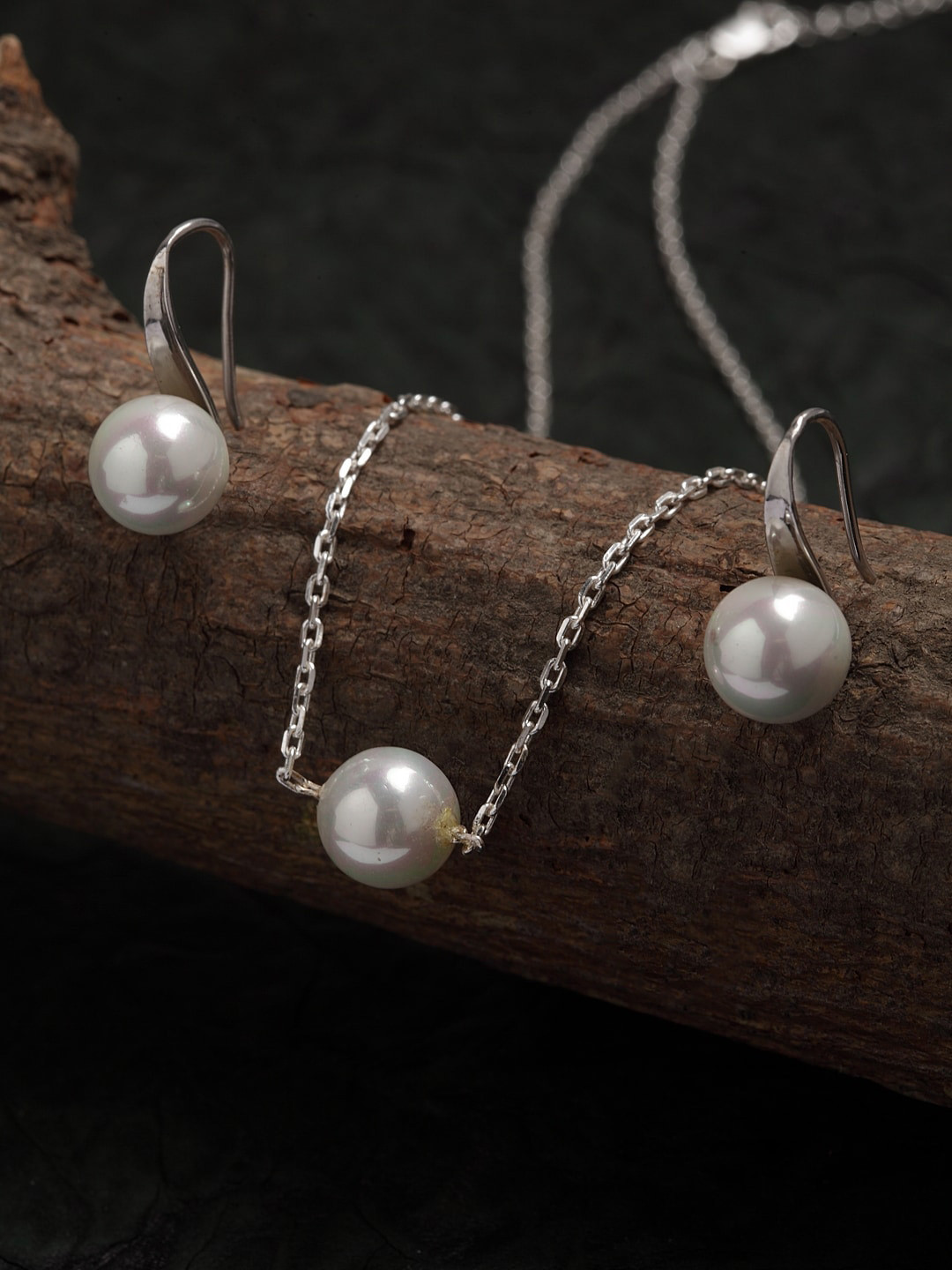Clara 92.5 Sterling Silver Rhodium-Plated White Pearl Studded Jewellery Set