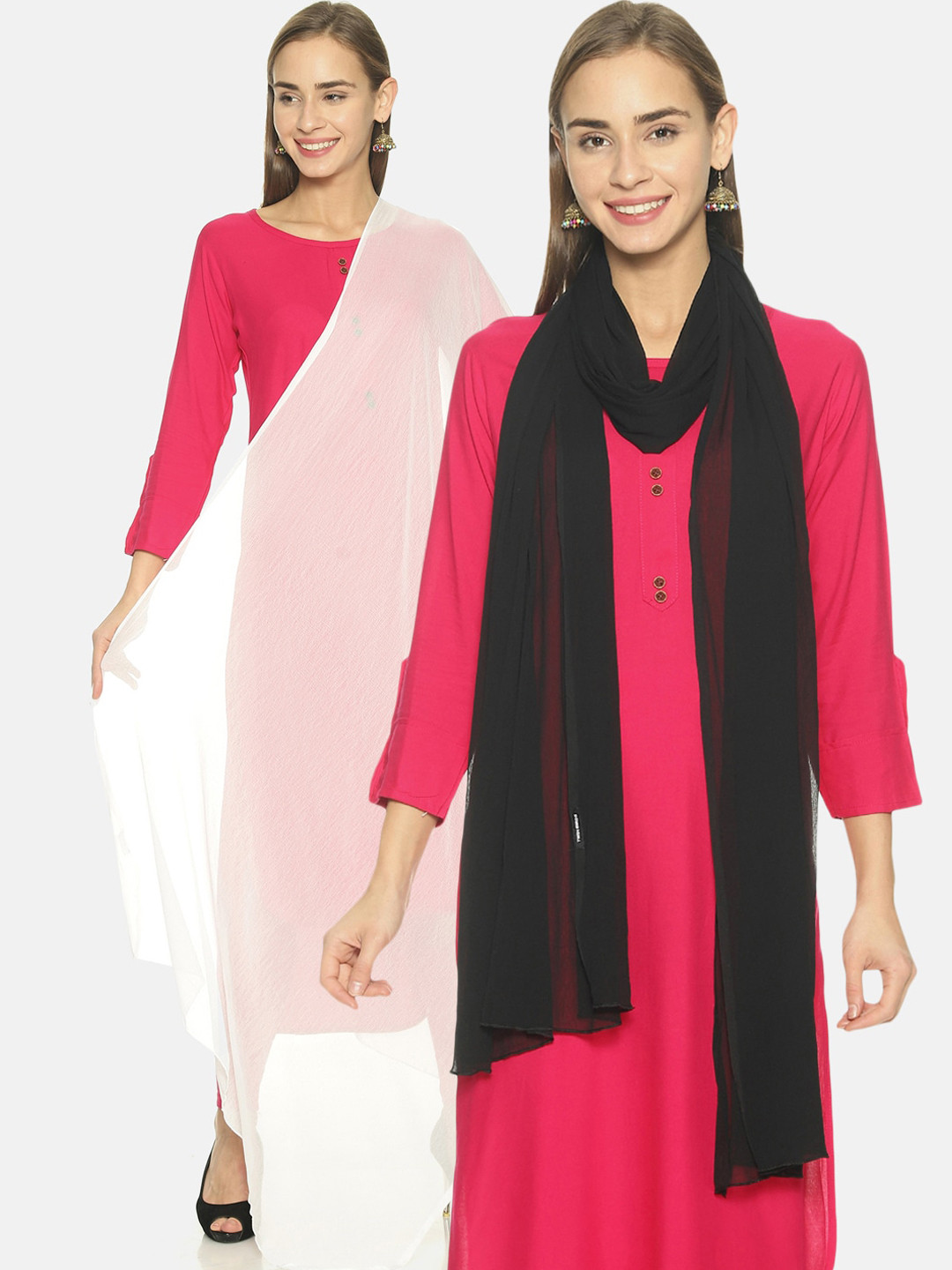 TWIN BIRDS Black & White Pack of 2 Solid Dupatta