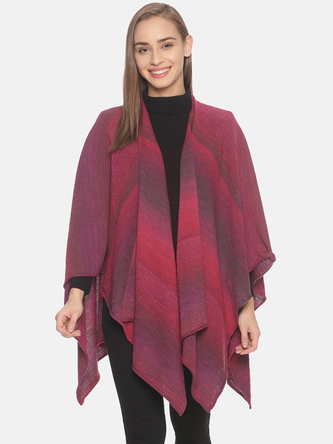 513 Women Pink & Grey Striped Acrylic Kimono Shrug