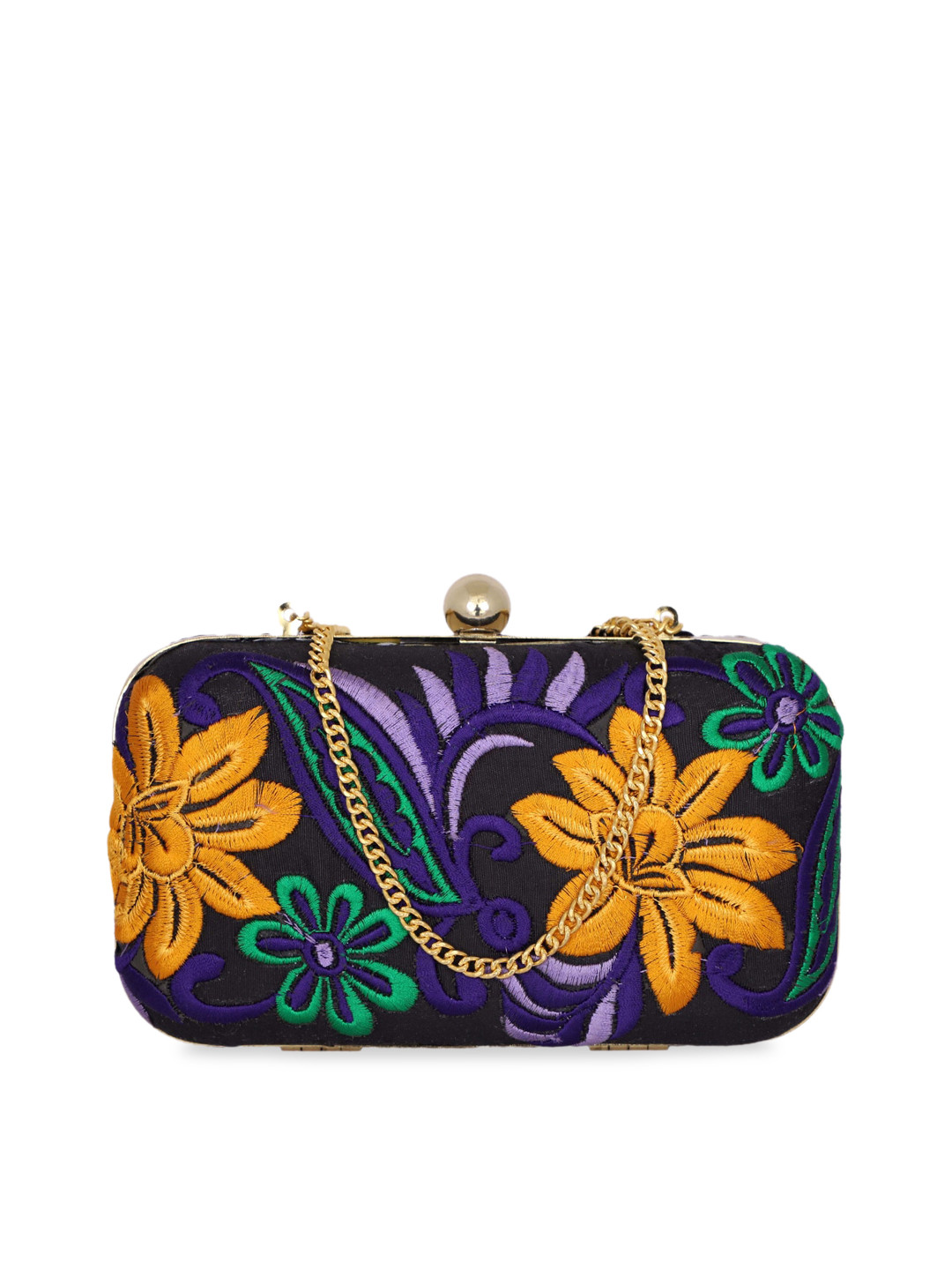 REZZY Black & Purple Embroidered Box Clutch