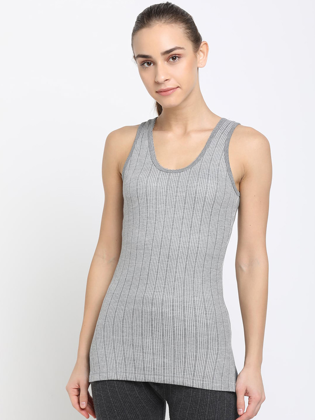 DIXCY SCOTT Slimz Women Grey Striped Thermal Top K1-PR5263LW