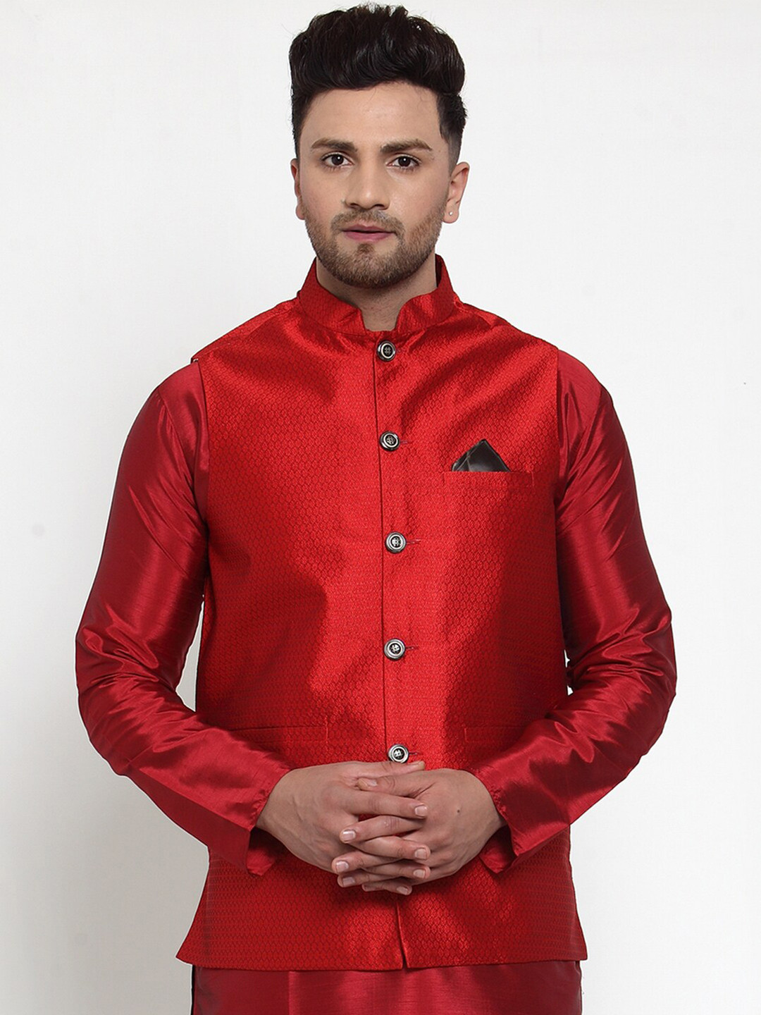 Jompers Men Maroon Woven Design Nehru Jacket