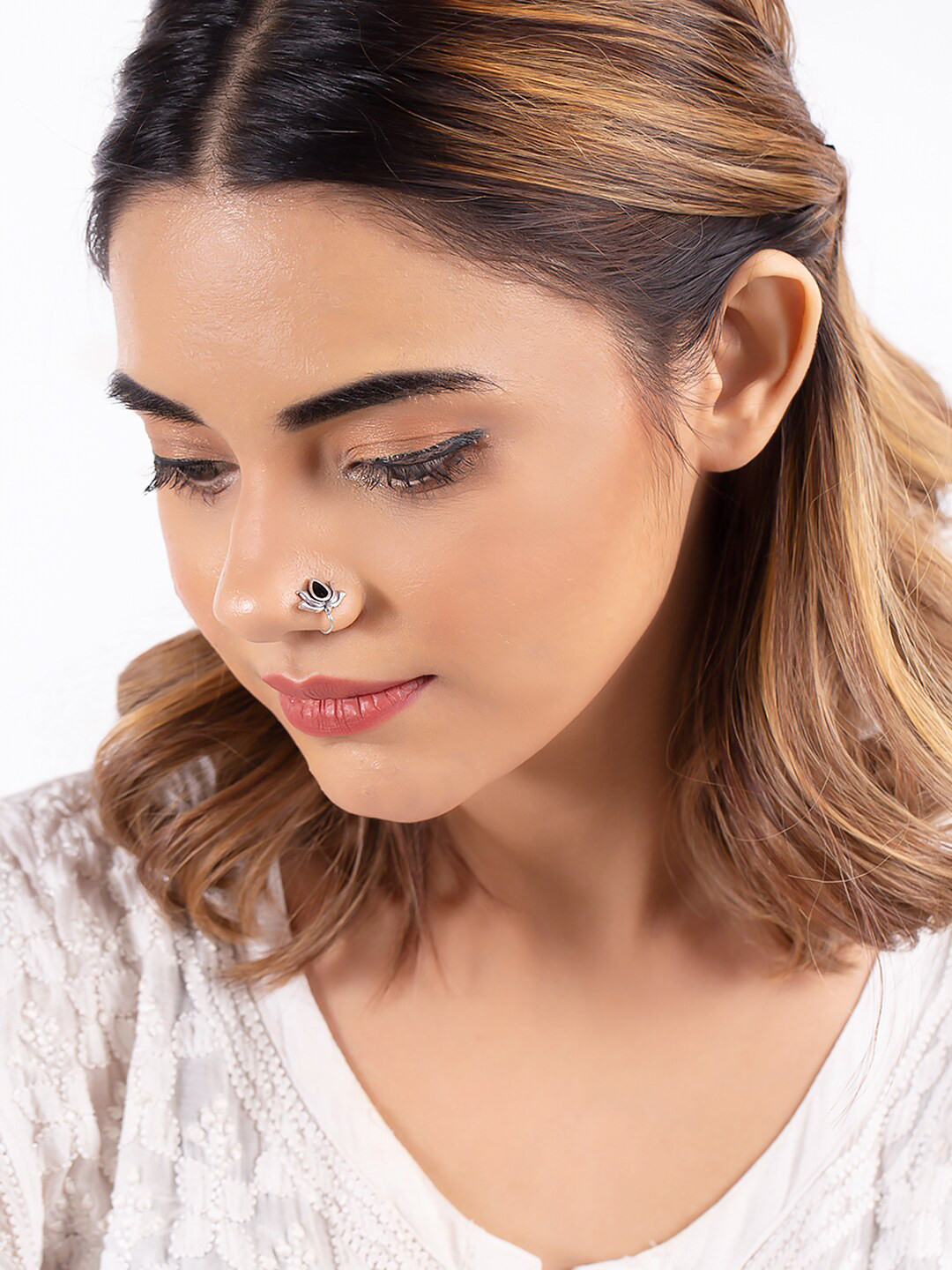 Voylla Silver-Toned Evil Eye Lotus Nose Pin