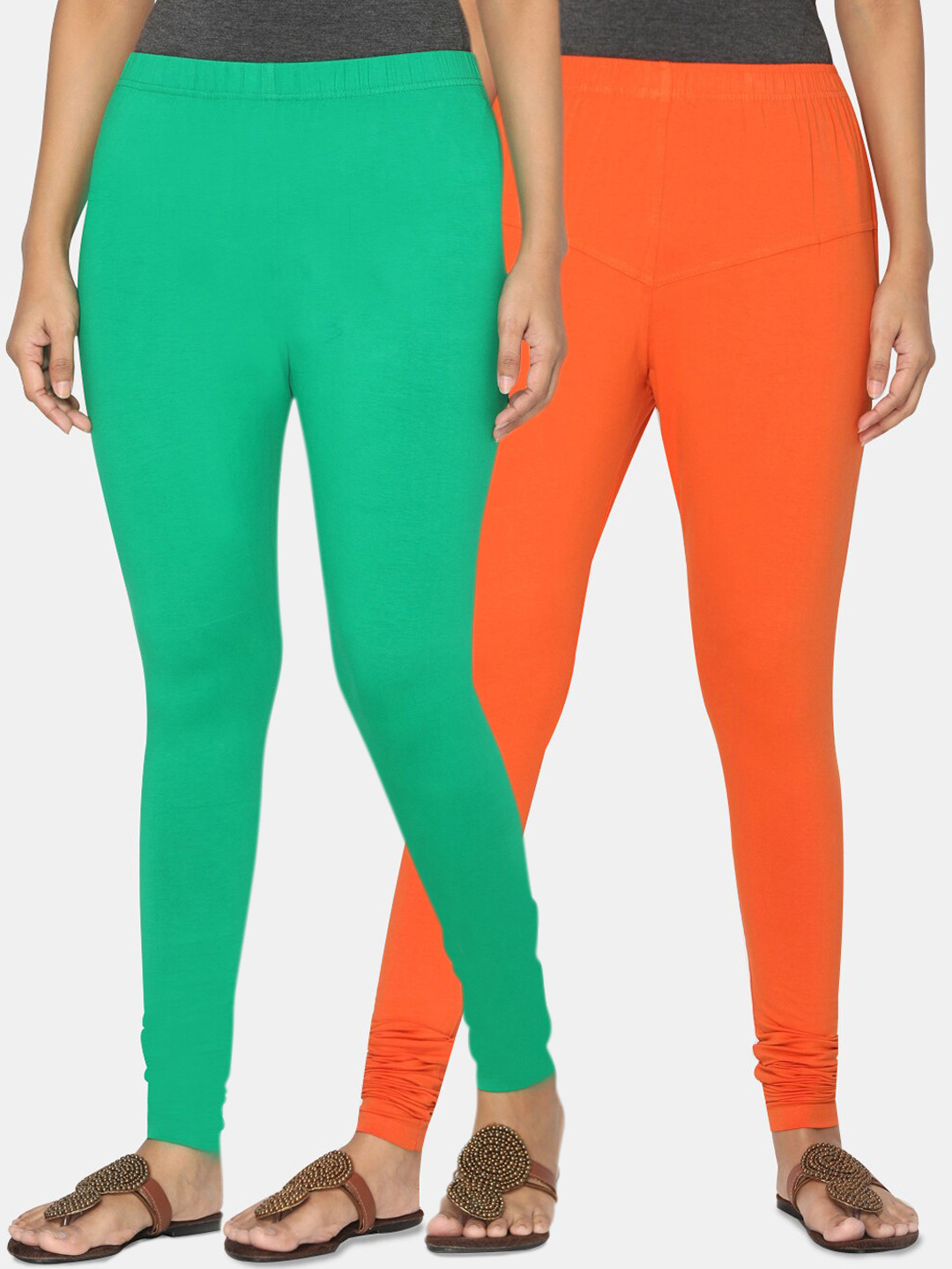 TSG Bliss Women Pack Of 2 Green & Orange Solid Churidar-Length Leggings