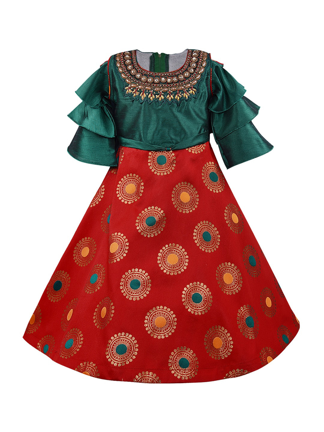 Wish Karo Girls Red & Green Floral Print Silk Maxi Dress