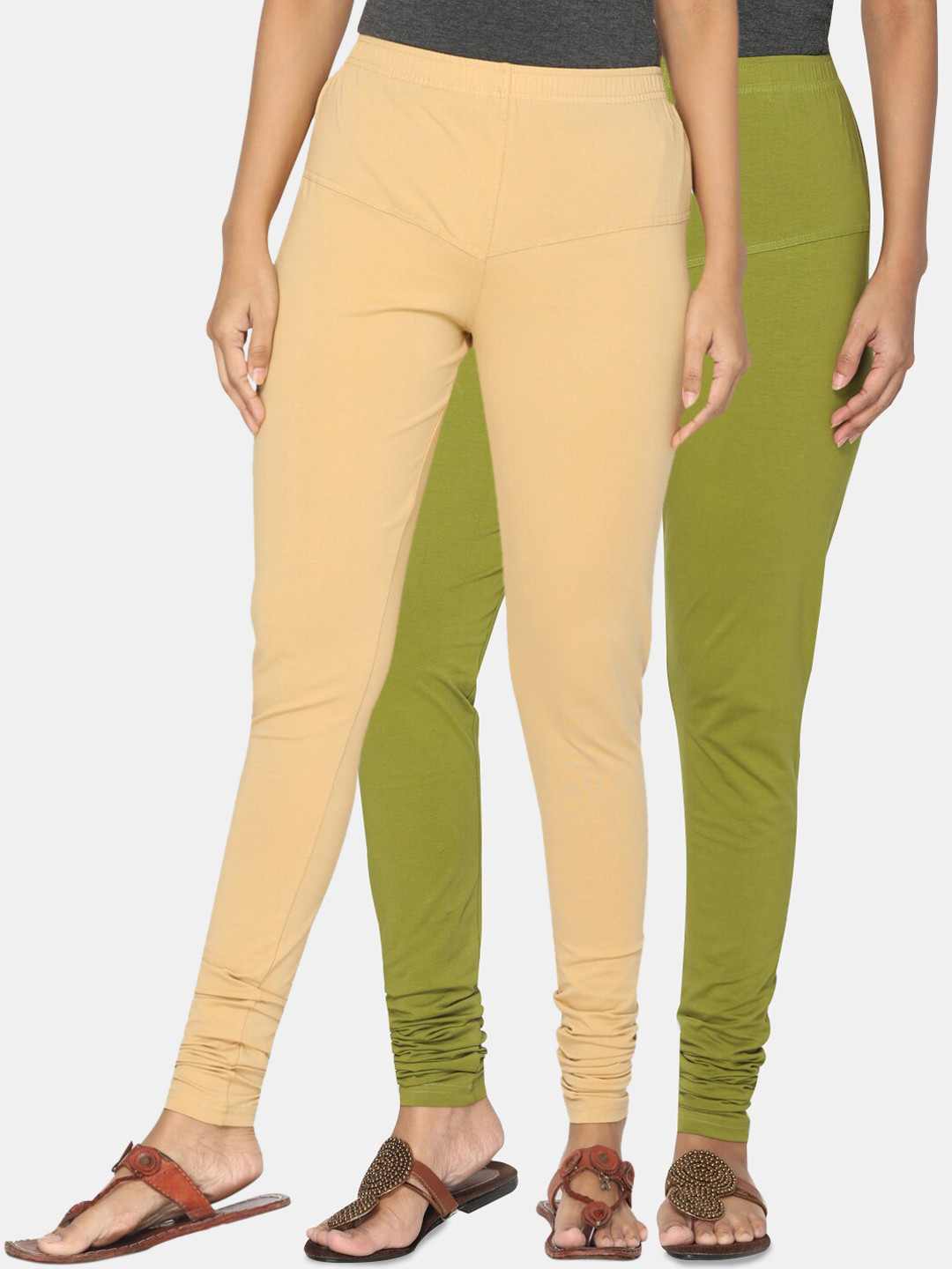 TSG Bliss Women Pack Of 2 Beige & Olive Green Solid Churidar-Length Leggings